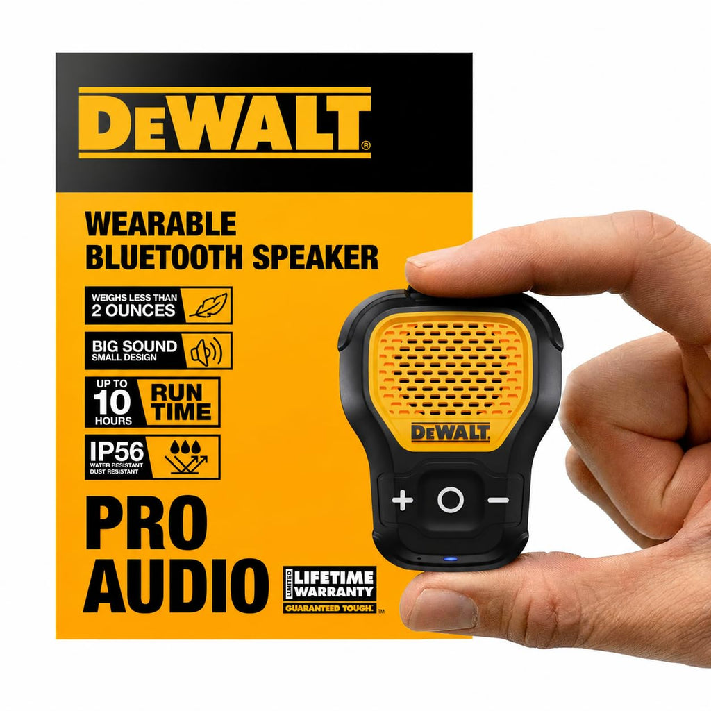 DEWALT Heavy Duty Wearable Bluetooth Speaker Pro Max (New Model) Jobsite Clip-On Mini Speaker w/LED Work Light, IP56 Water Resistant, 12H Runtime, Built-in Mic & Multi-Speaker Link