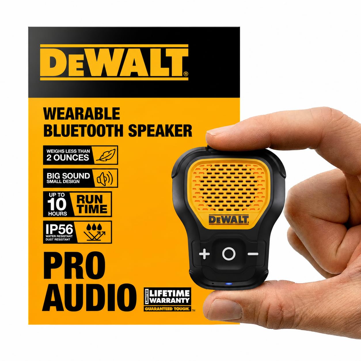 DEWALT Heavy Duty Wearable Bluetooth Speaker Pro Max (New Model) Jobsite Clip-On Mini Speaker w/LED Work Light, IP56 Water Resistant, 12H Runtime, Built-in Mic & Multi-Speaker Link