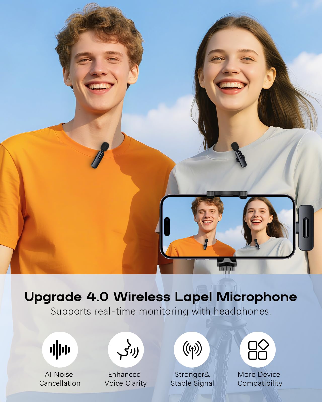 Wireless Mini Microphone for iPhone, Android - 2 Pack Lavalier Microphone for Video Recording, 2 In 1 Noise Reduction Lapel Mic for Ipad, Clip-on Mini Mic with USB-C for Content Creators Podcast