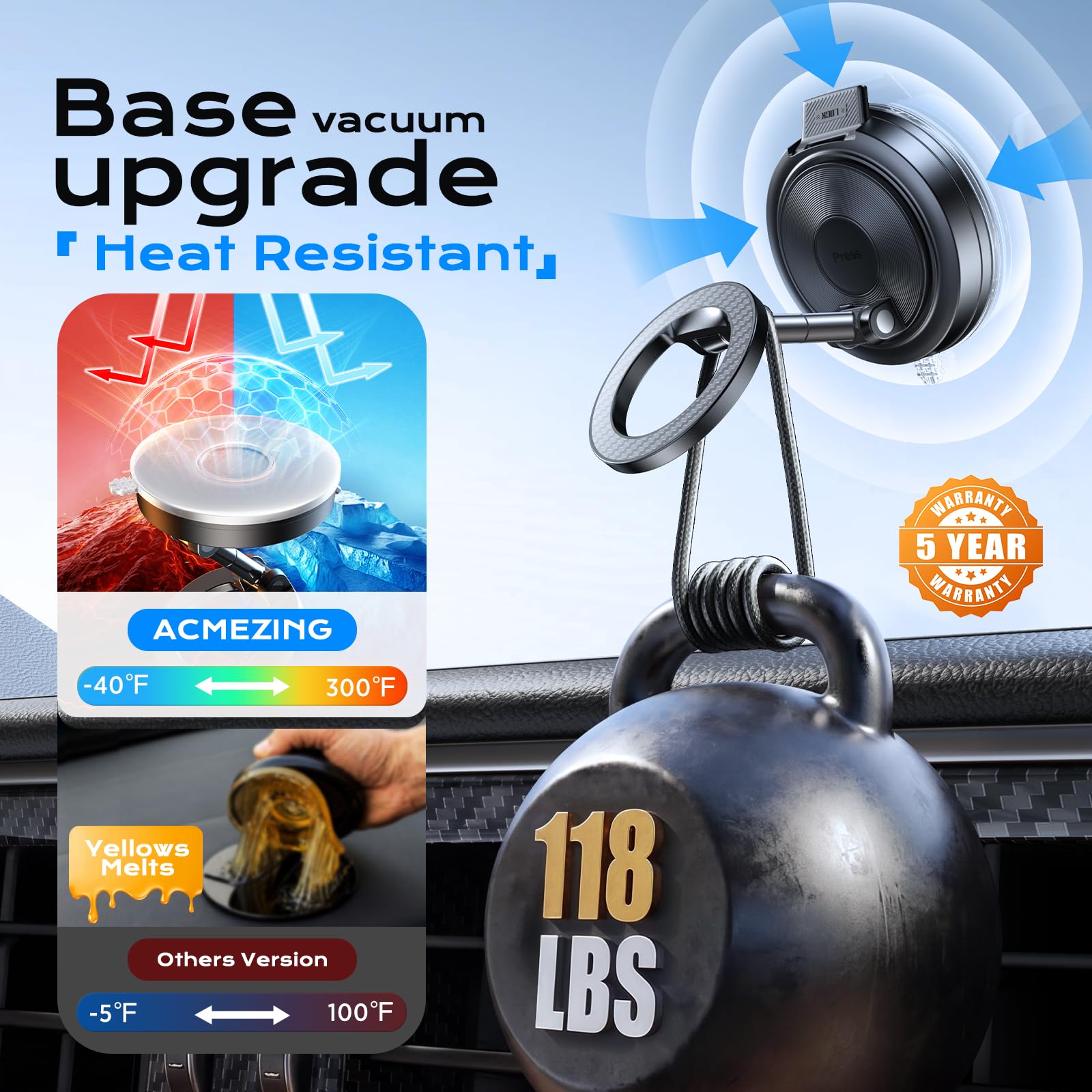 NeverDrop Magsafe Car Mount [2 Bases for Any Surface | 118+LBS Ultra Grip | 2400gf Strong Magnetic] 360° Adjustable Car Phone Holder, Phone Holders for Your Car for All Smartphones, Carbon Fiber