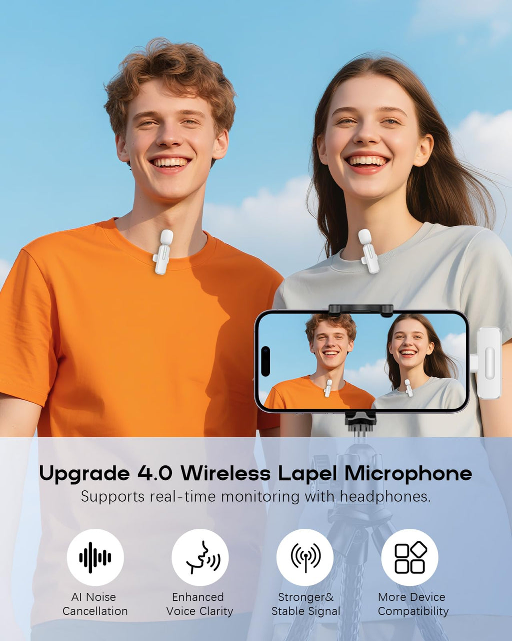Wireless Mini Microphone for iPhone, Android - 2 Pack Lavalier Microphone for Video Recording, 2 In 1 Noise Reduction Lapel Mic for Ipad, Clip-on Mini Mic with USB-C for Content Creators Podcast