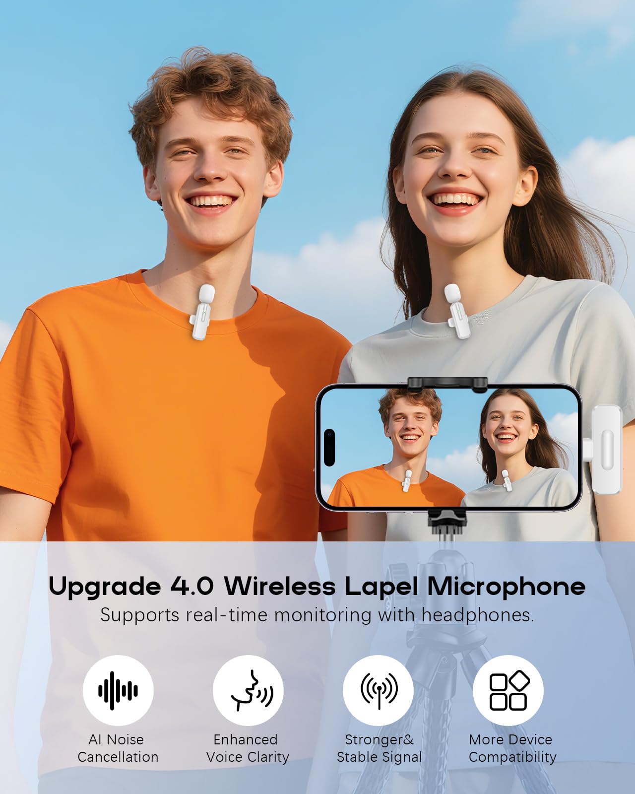 Wireless Mini Microphone for iPhone, Android - 2 Pack Lavalier Microphone for Video Recording, 2 In 1 Noise Reduction Lapel Mic for Ipad, Clip-on Mini Mic with USB-C for Content Creators Podcast