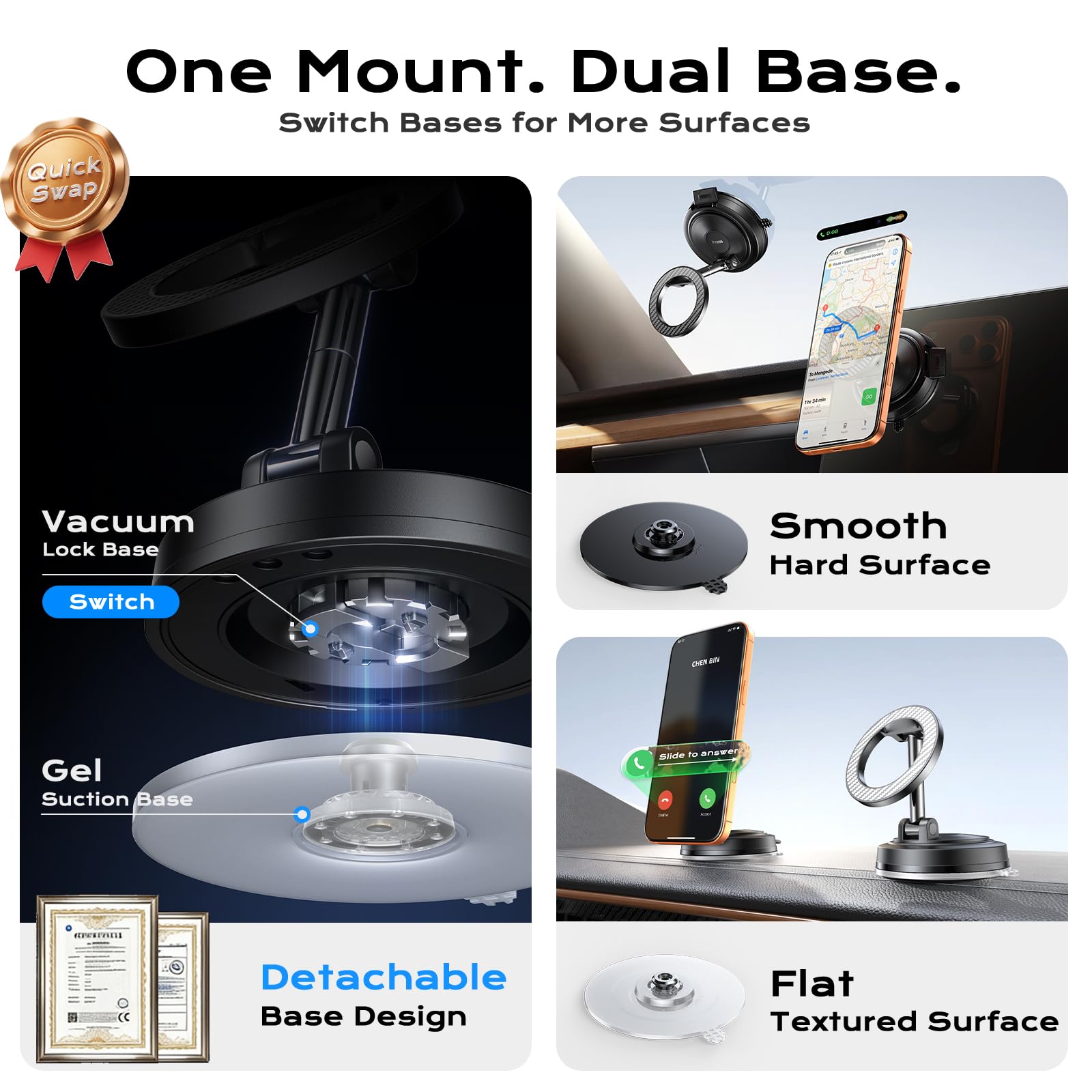 NeverDrop Magsafe Car Mount [2 Bases for Any Surface | 118+LBS Ultra Grip | 2400gf Strong Magnetic] 360° Adjustable Car Phone Holder, Phone Holders for Your Car for All Smartphones, Carbon Fiber