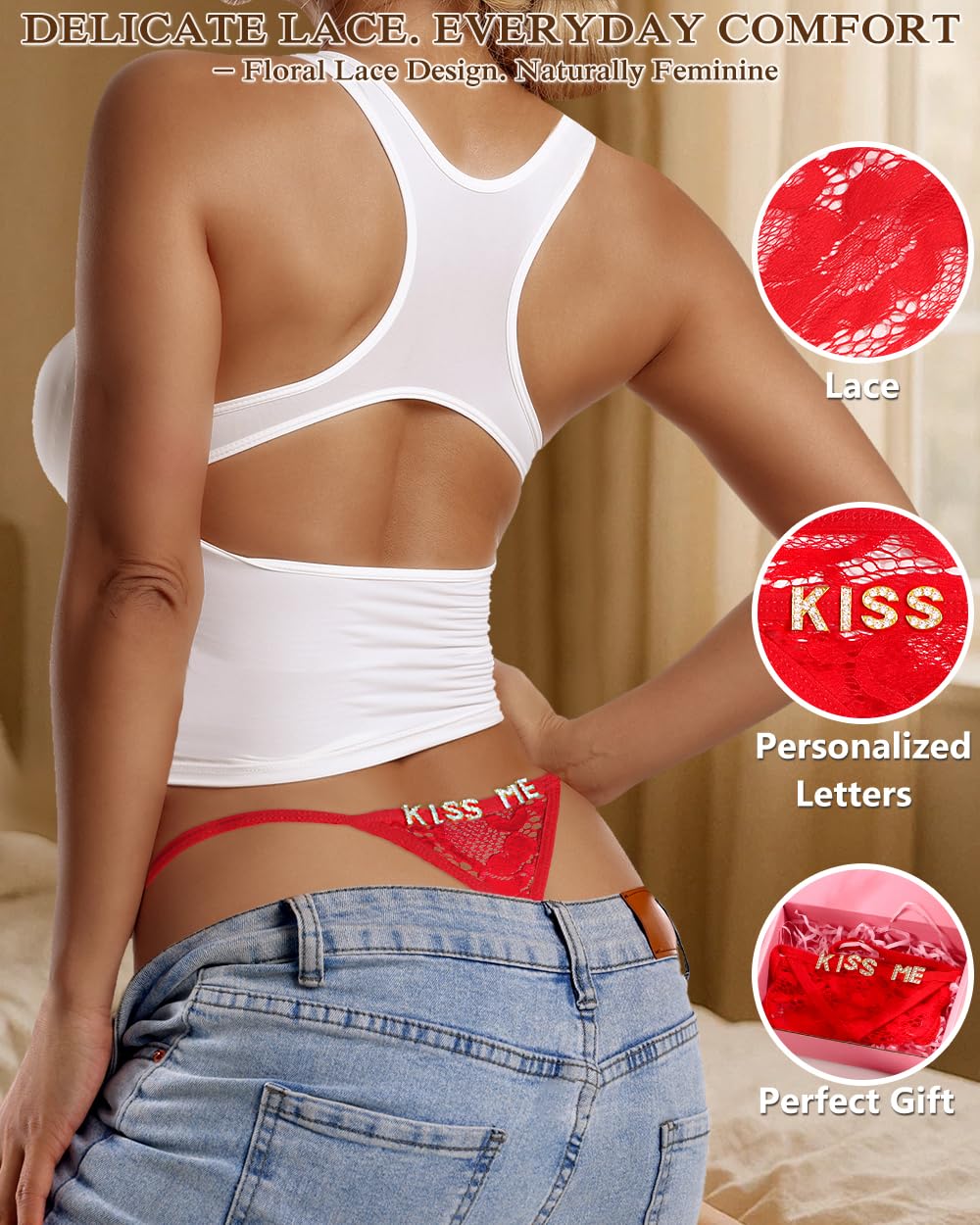 Sexy Underwear for Women, 2 Pack Thong Panties Custom Name or Fun Lettering, Lace&Silk G-String, Adjustable