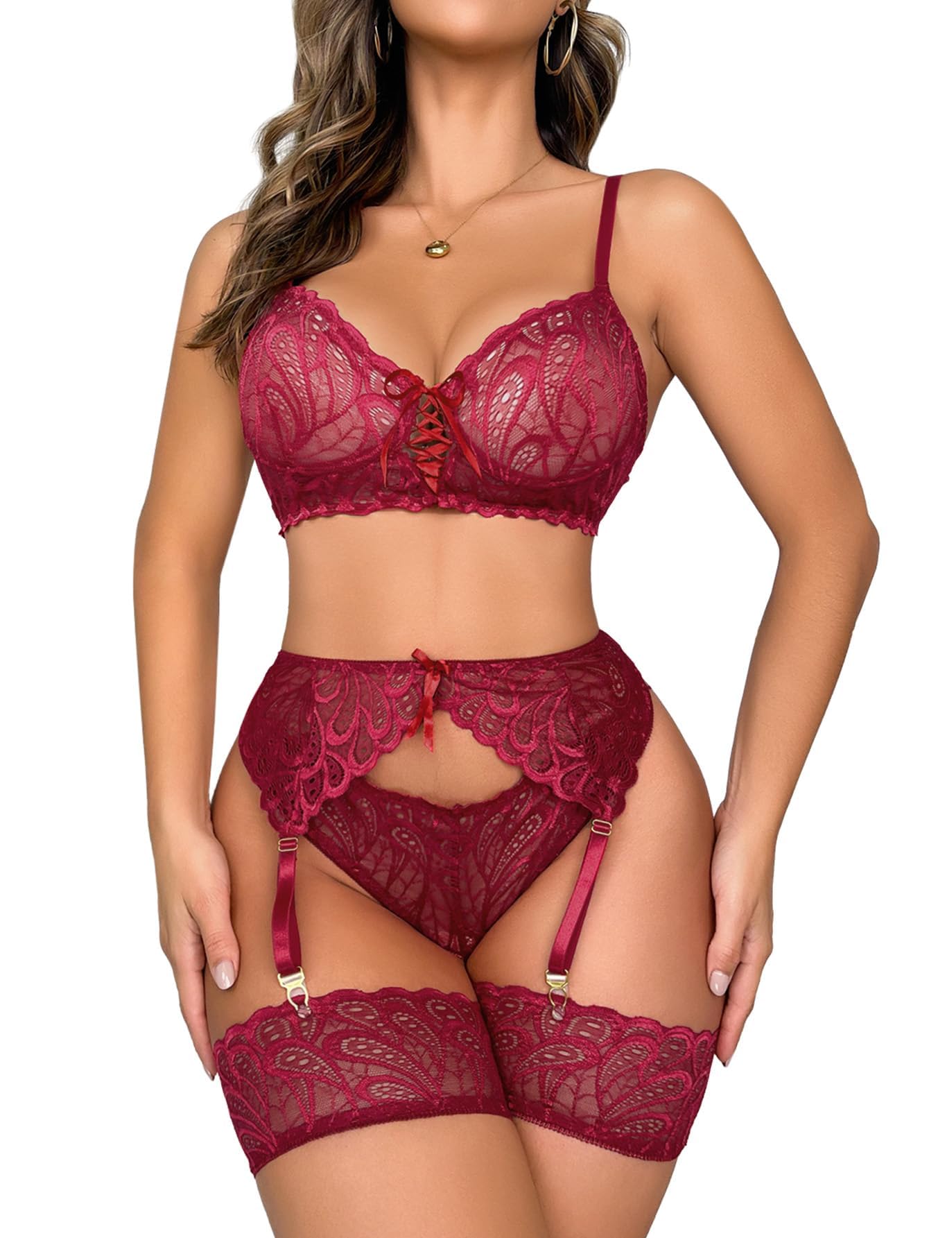 Lilosy Sexy Lingerie Outfit Set 3 Piece with Garter Belt 3XS-4XL | Lace bra and panty,corset bodysuit,sheer floral mesh,see through,rave,Valentine's/honeymoon/wedding night