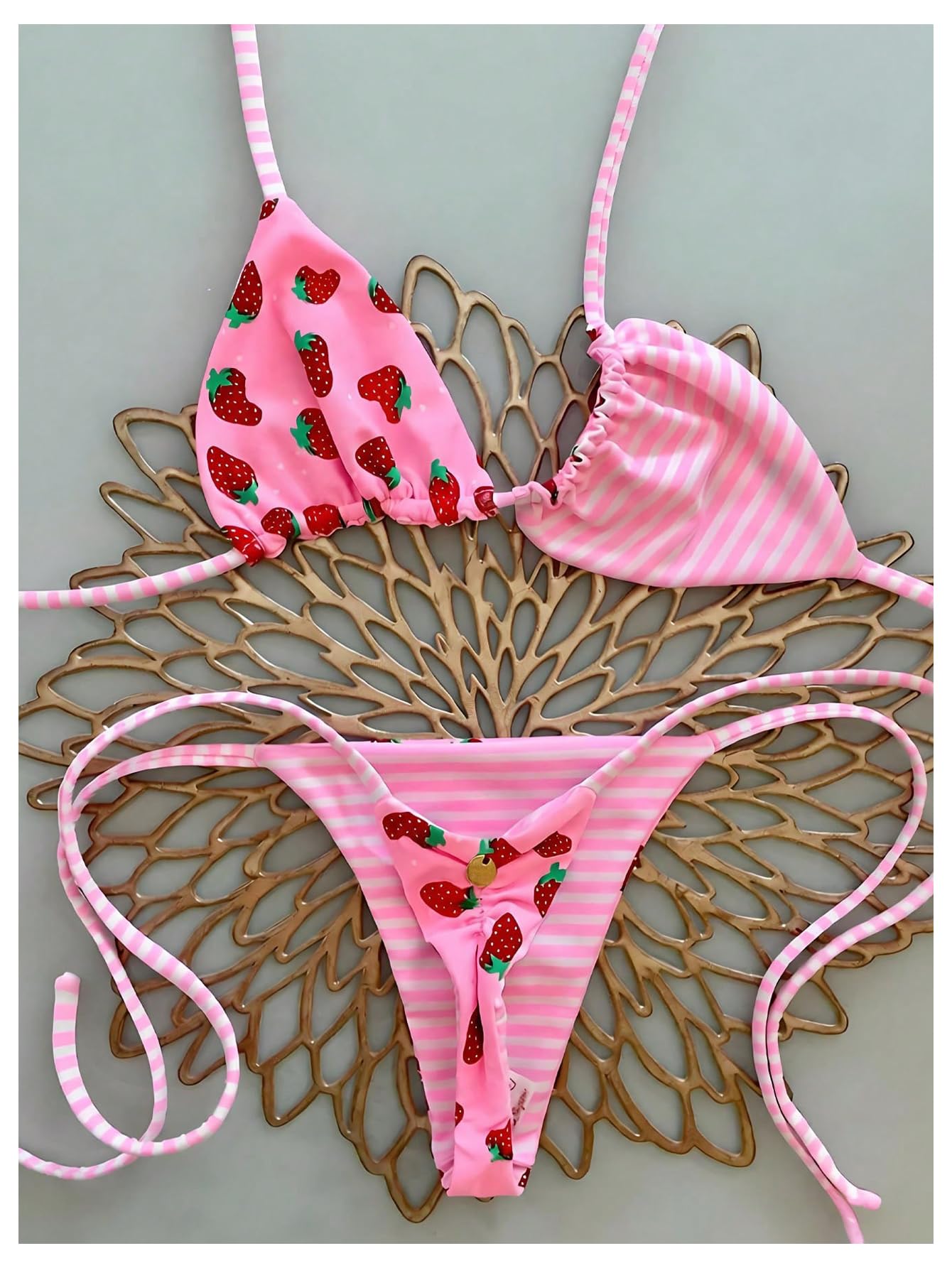 WDIRARA Women's Strawberry Print Striped 2 Piece Swimsuit Triangle String Thong Bikini Set
