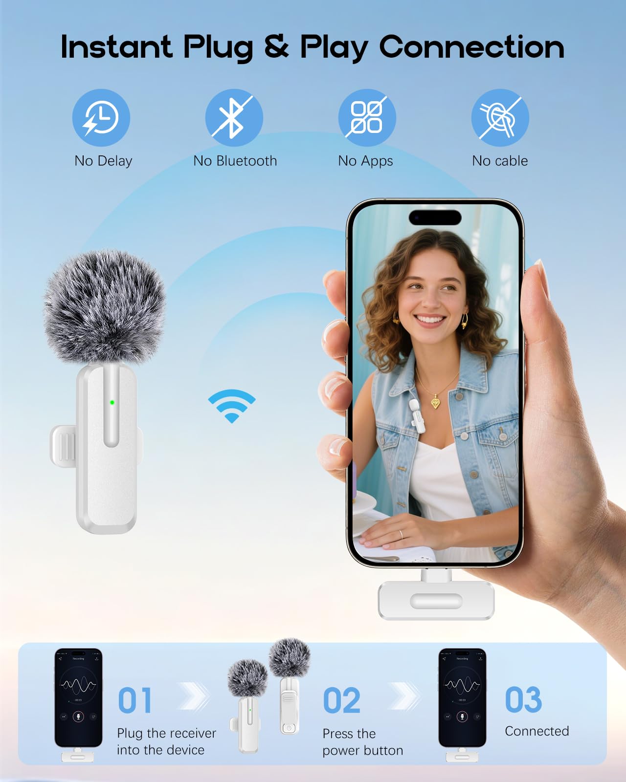 Wireless Mini Microphone for iPhone, Android - 2 Pack Lavalier Microphone for Video Recording, 2 In 1 Noise Reduction Lapel Mic for Ipad, Clip-on Mini Mic with USB-C for Content Creators Podcast