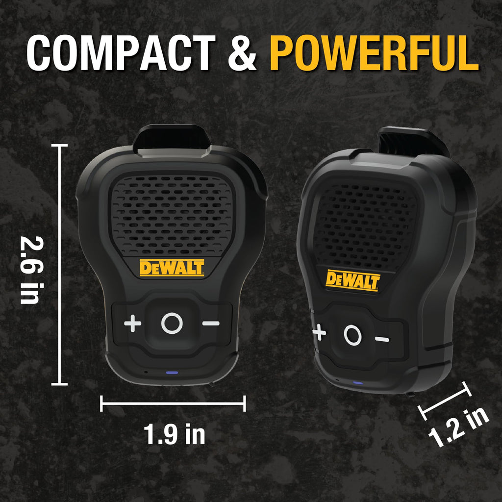 DEWALT Heavy Duty Wearable Bluetooth Speaker Pro Max (New Model) Jobsite Clip-On Mini Speaker w/LED Work Light, IP56 Water Resistant, 12H Runtime, Built-in Mic & Multi-Speaker Link
