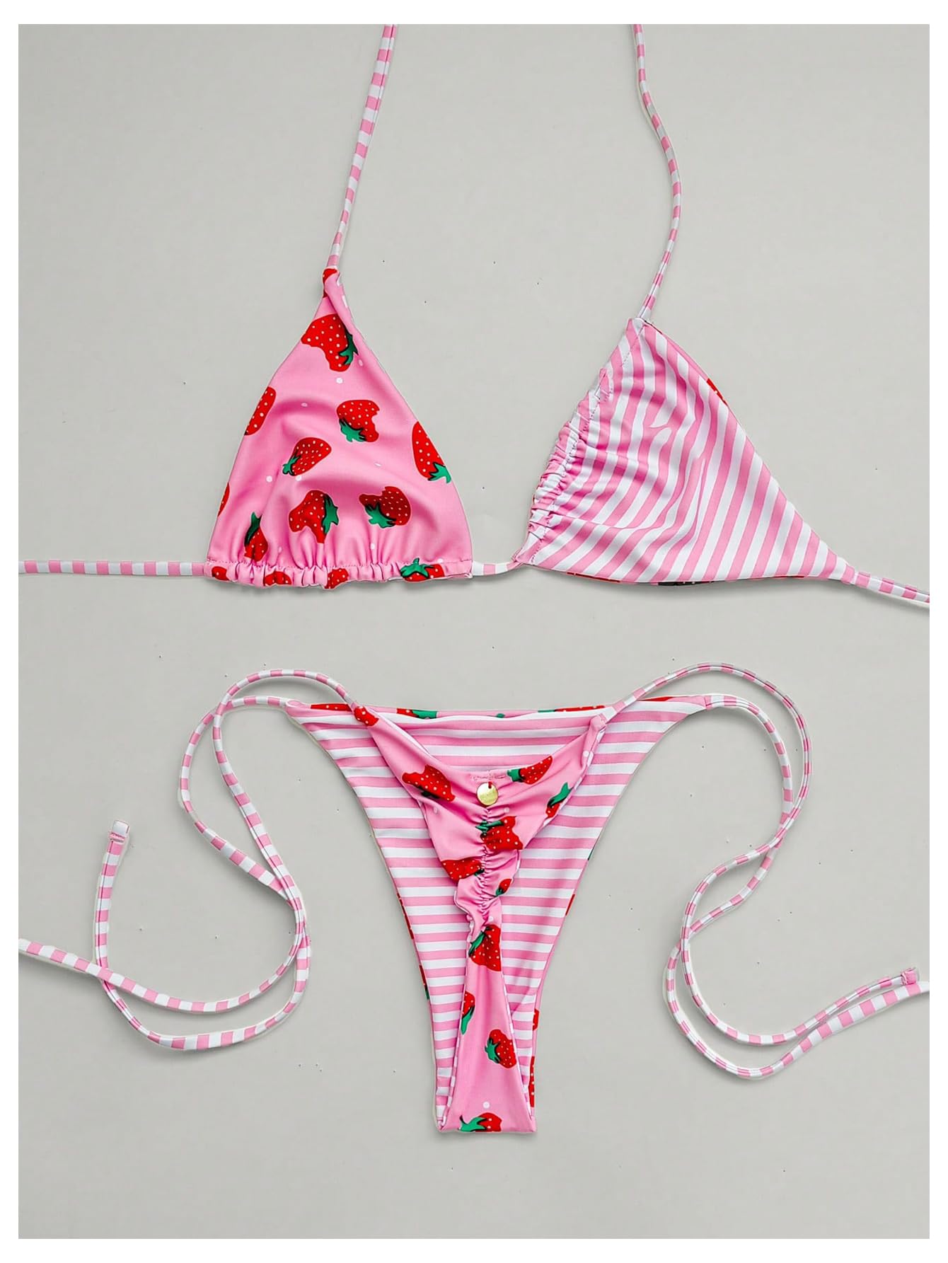 WDIRARA Women's Strawberry Print Striped 2 Piece Swimsuit Triangle String Thong Bikini Set