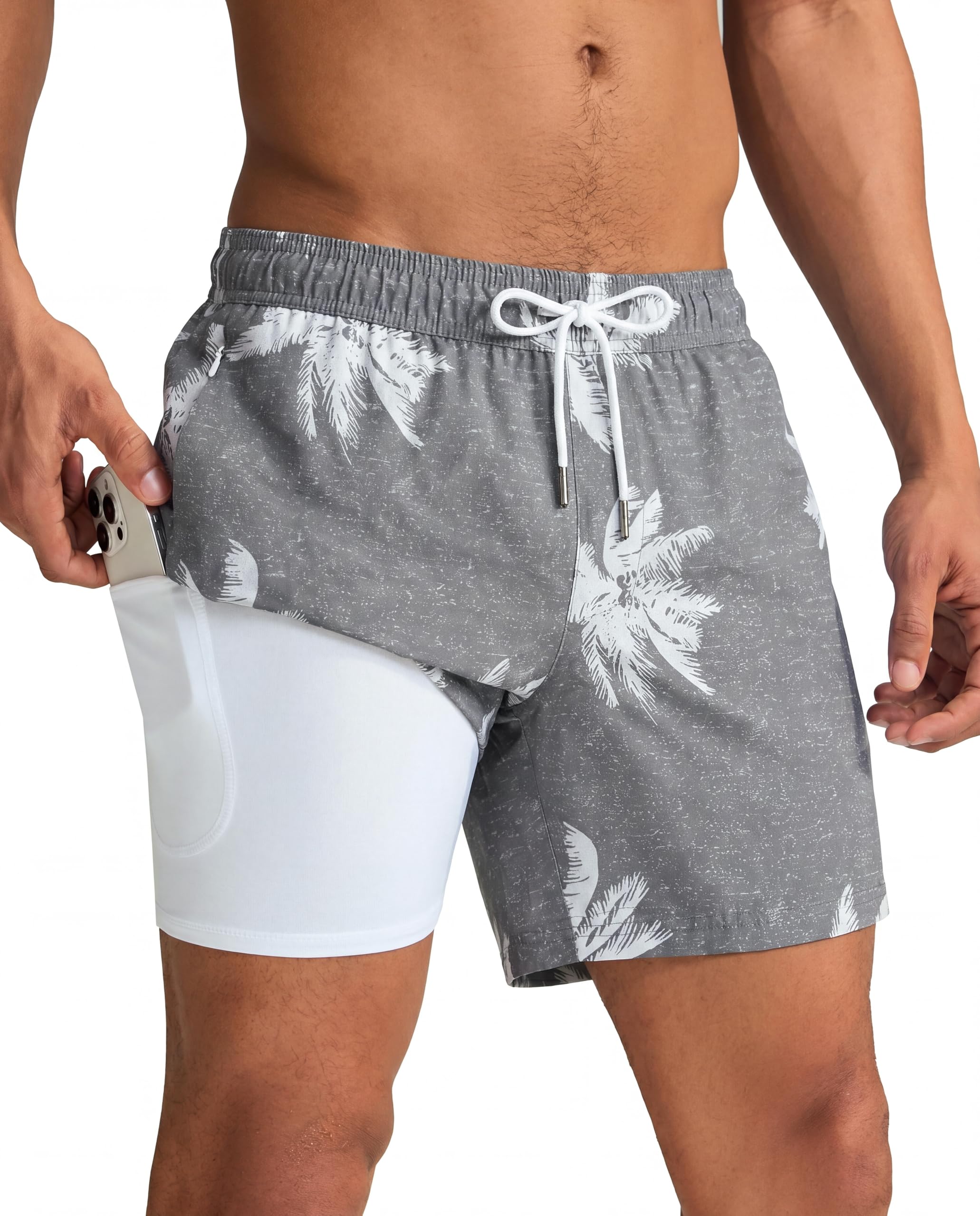 maamgic Mens Swim Trunks with Compression Liner 5 Inch, Quick Dry Bathing Suit with Zipper Pockets, No-Chafing Swim Shorts