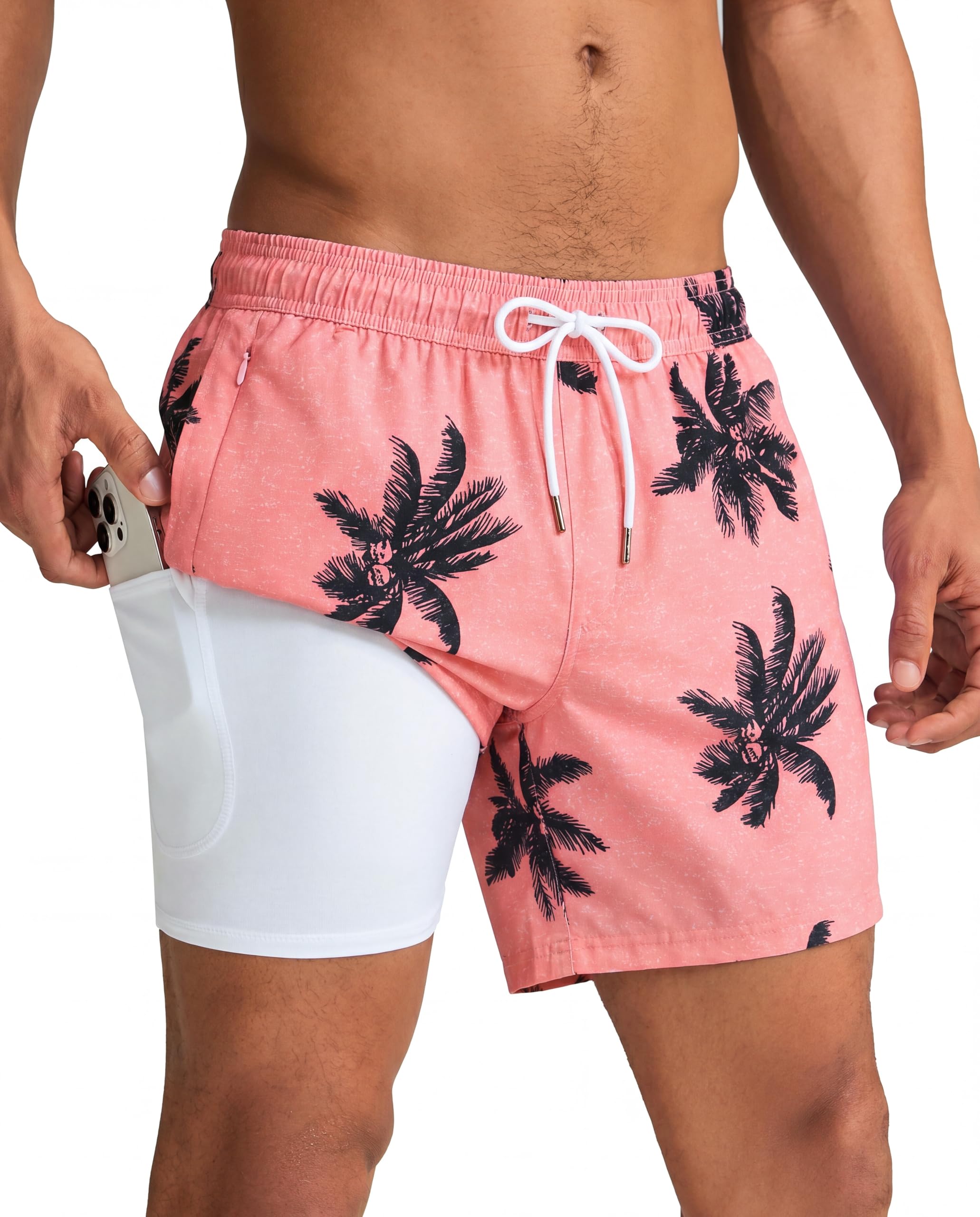 maamgic Mens Swim Trunks with Compression Liner 5 Inch, Quick Dry Bathing Suit with Zipper Pockets, No-Chafing Swim Shorts