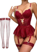 Lilosy Sexy Lingerie Set 3 Piece Women Corset Bodysuit Skirt | Rhinestone Heart Stocking Garter Plus Size Underwire Mesh Sheer Lace Push Up Babydoll Halloween Christmas Valentine's Bridal