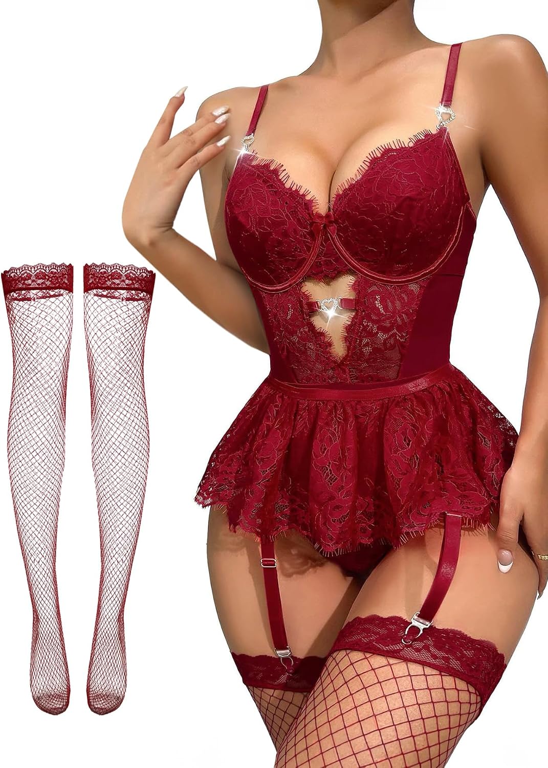 Lilosy Sexy Lingerie Set 3 Piece Women Corset Bodysuit Skirt | Rhinestone Heart Stocking Garter Plus Size Underwire Mesh Sheer Lace Push Up Babydoll Halloween Christmas Valentine's Bridal