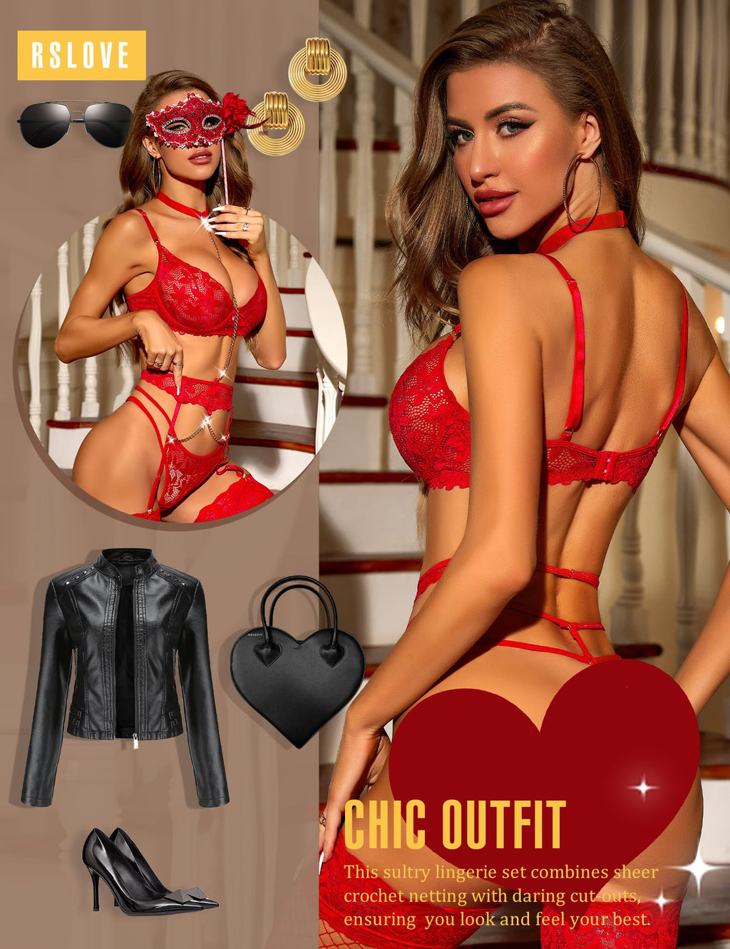 RSLOVE Women's Lingerie Sets with Garter Belt 3 Piece Sexy Lace High Waist Bra and Panty Set Push Up Exotic Sleepwear