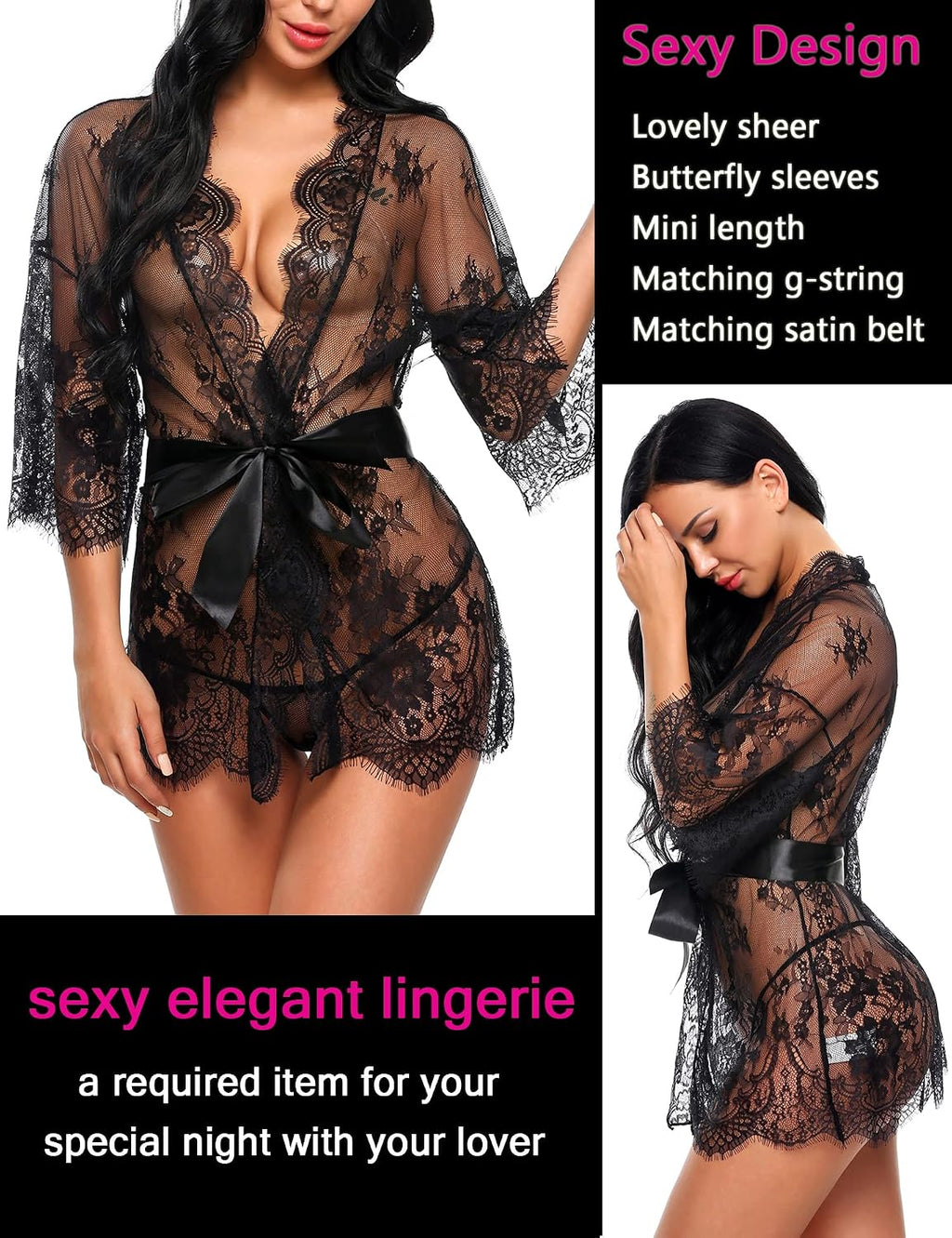Avidlove Women's Lace Kimono Robe Babydoll Lingerie Mesh Nightgown S-5XL | Sexy Sheer Floral Lace Babydoll Lingerie Kimono Robe with Satin Waist Tie.Ideal for Honeymoon,Wedding Night & Boudoir Shoot