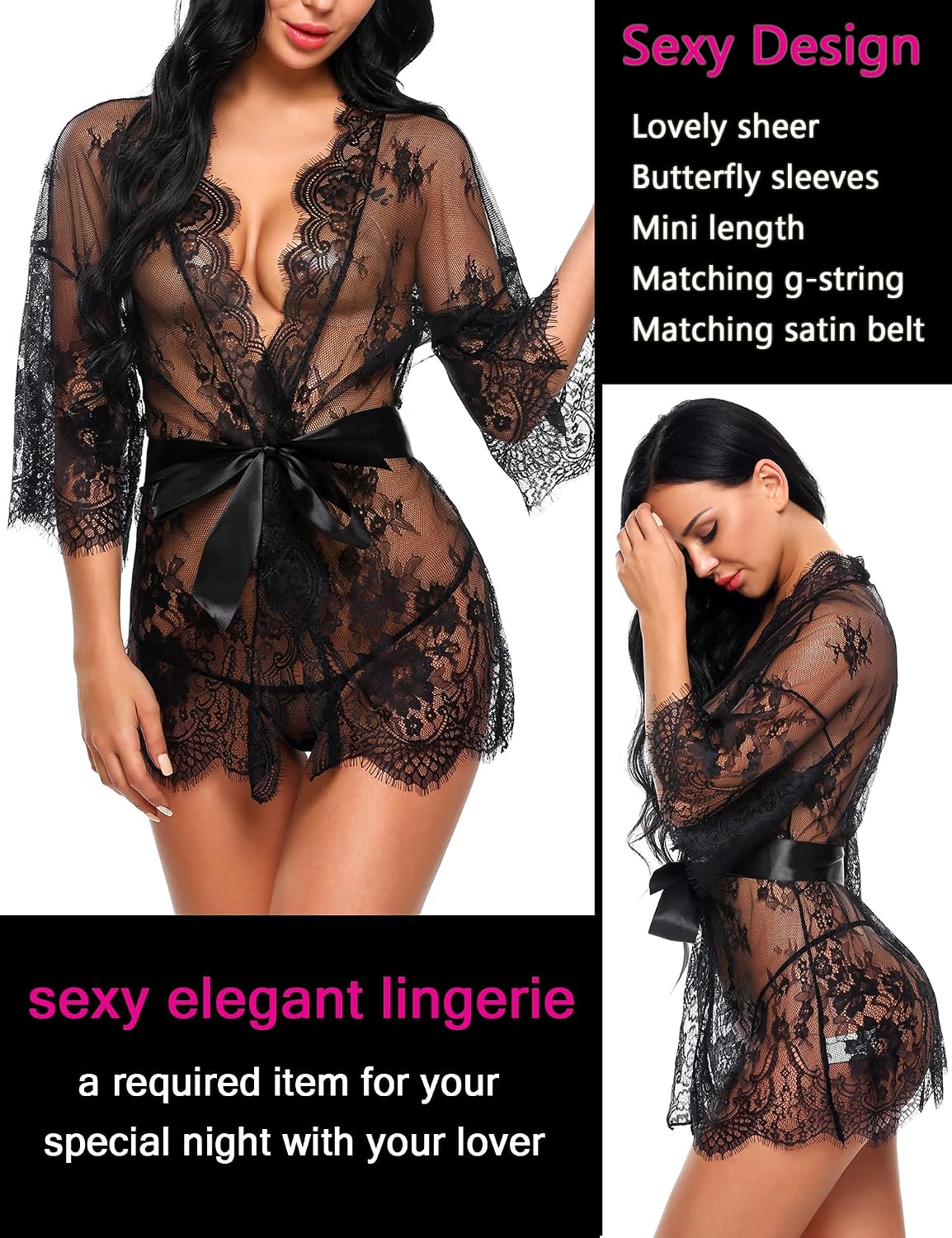 Avidlove Women's Lace Kimono Robe Babydoll Lingerie Mesh Nightgown S-5XL | Sexy Sheer Floral Lace Babydoll Lingerie Kimono Robe with Satin Waist Tie.Ideal for Honeymoon,Wedding Night & Boudoir Shoot