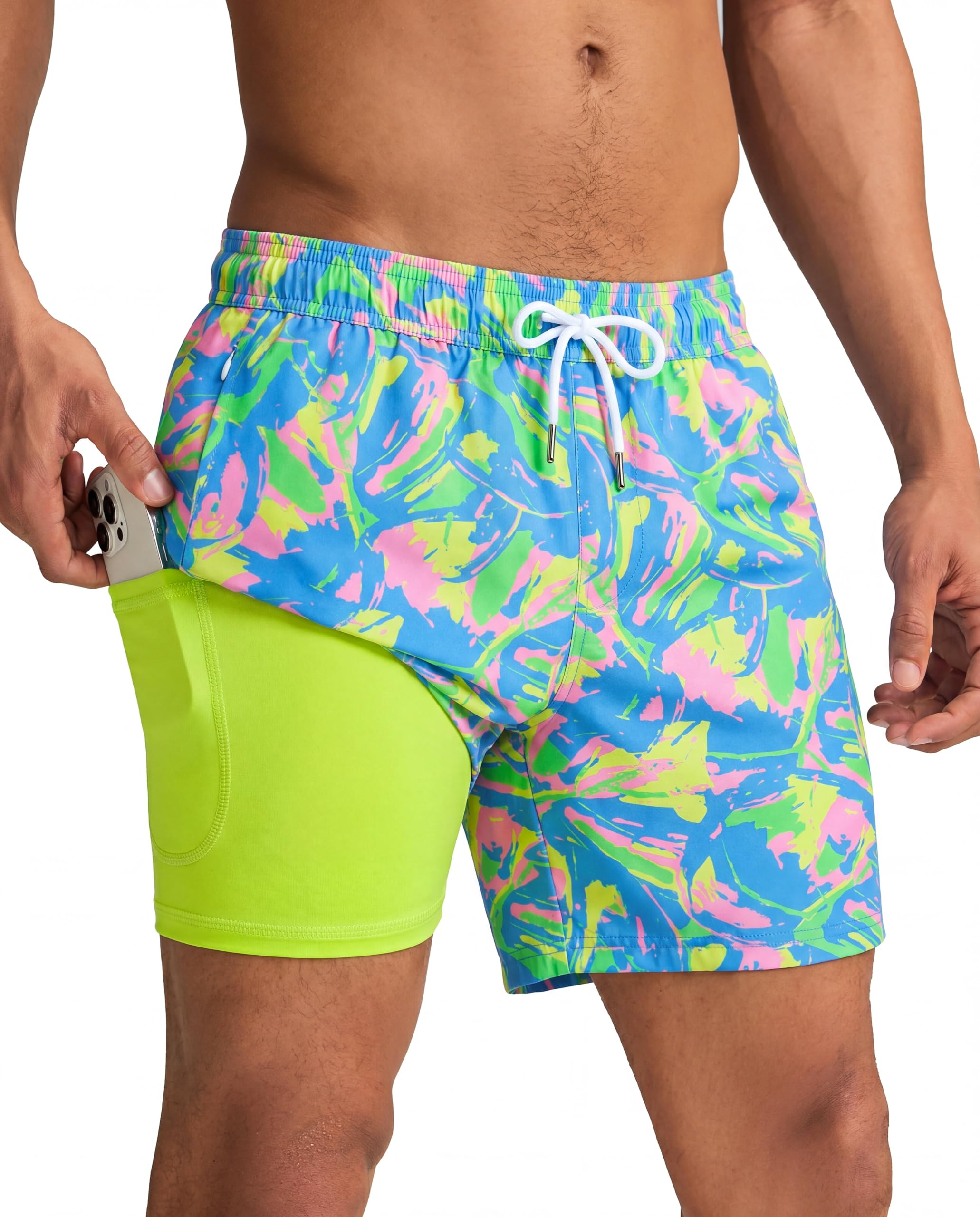 maamgic Mens Swim Trunks with Compression Liner 5 Inch, Quick Dry Bathing Suit with Zipper Pockets, No-Chafing Swim Shorts