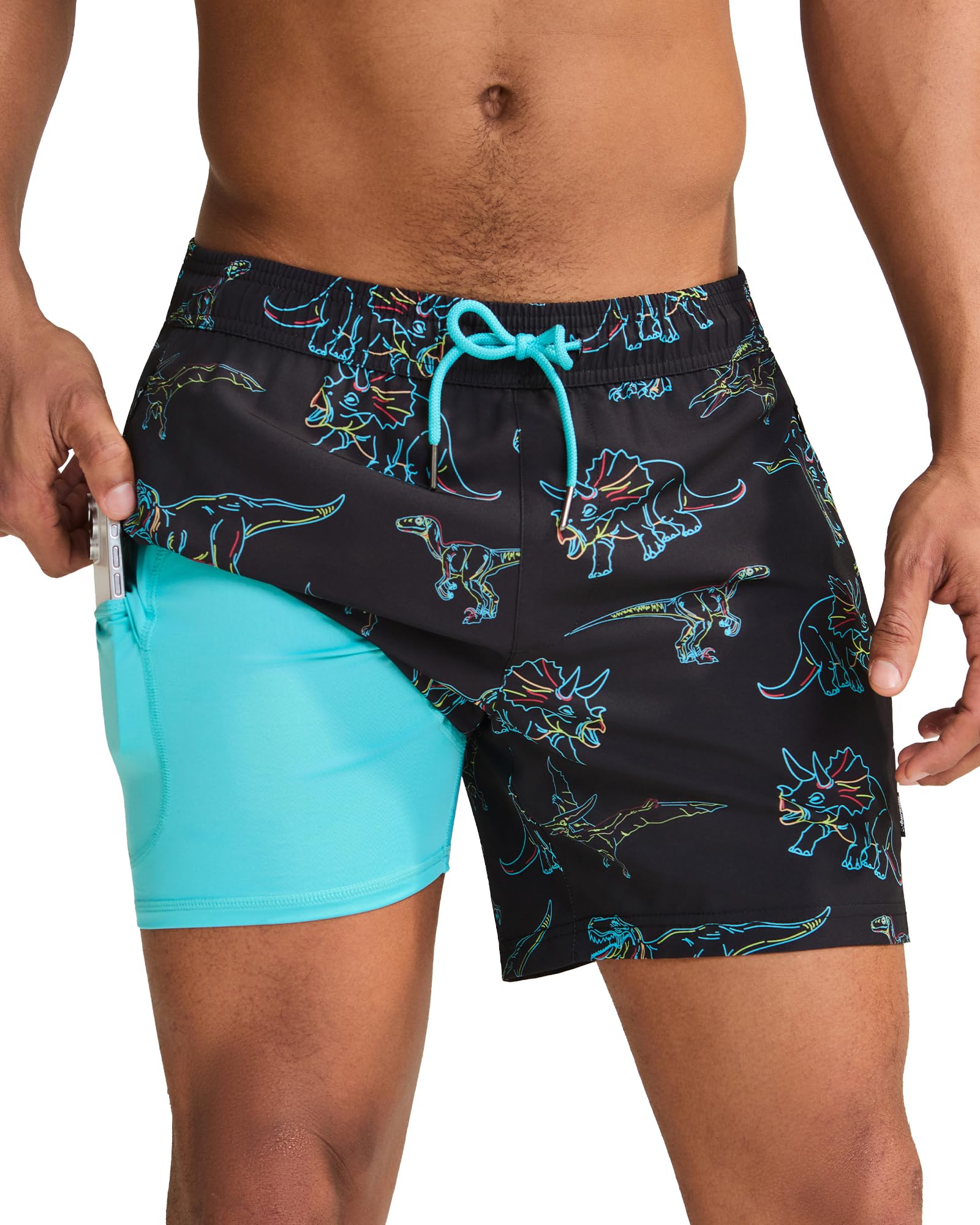 maamgic Mens Swim Trunks with Compression Liner 5 Inch, Quick Dry Bathing Suit with Zipper Pockets, No-Chafing Swim Shorts
