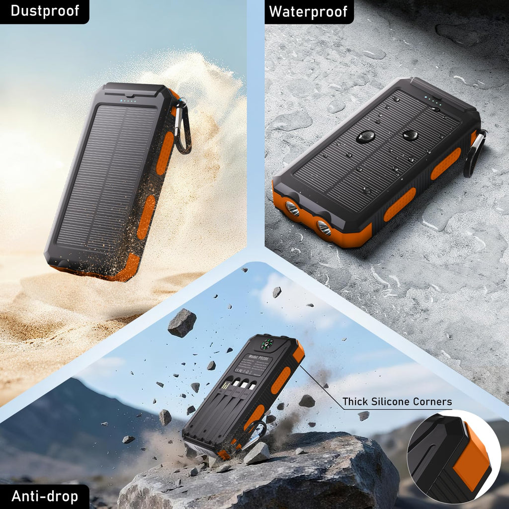 Durecopow Solar Charger Power Bank 20,000mAh, Portable Charger, 4 Cables 3 Ports Fast Charging External Battery Pack with USB C for Cell Phones, Solar Panel Charger with Dual Flashlight for Camping