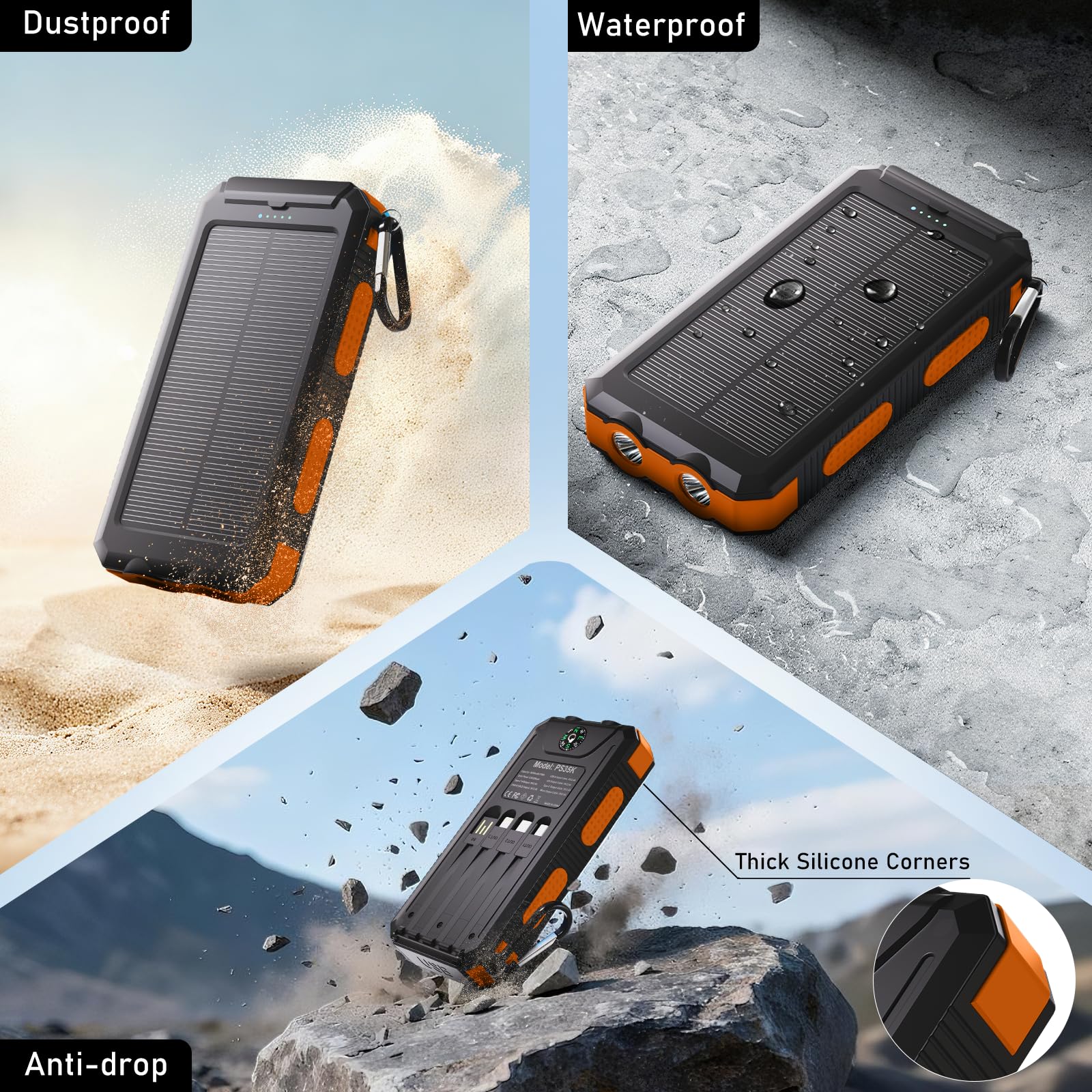 Durecopow Solar Charger Power Bank 20,000mAh, Portable Charger, 4 Cables 3 Ports Fast Charging External Battery Pack with USB C for Cell Phones, Solar Panel Charger with Dual Flashlight for Camping