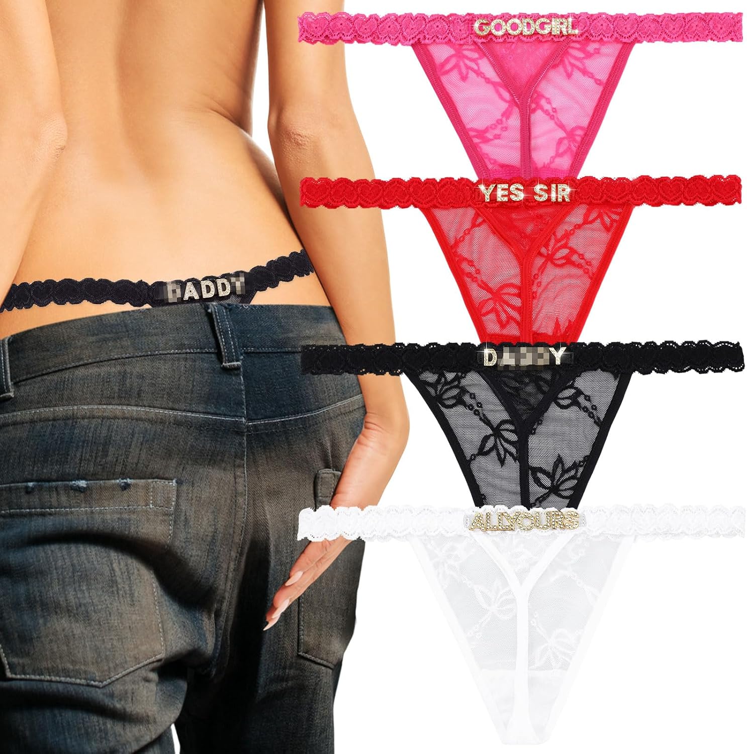 4 Pcs Custom Thongs Personalized Thong with Rhinestone Letters Sexy Lace Panties with Bag Wedding Gift for Couple