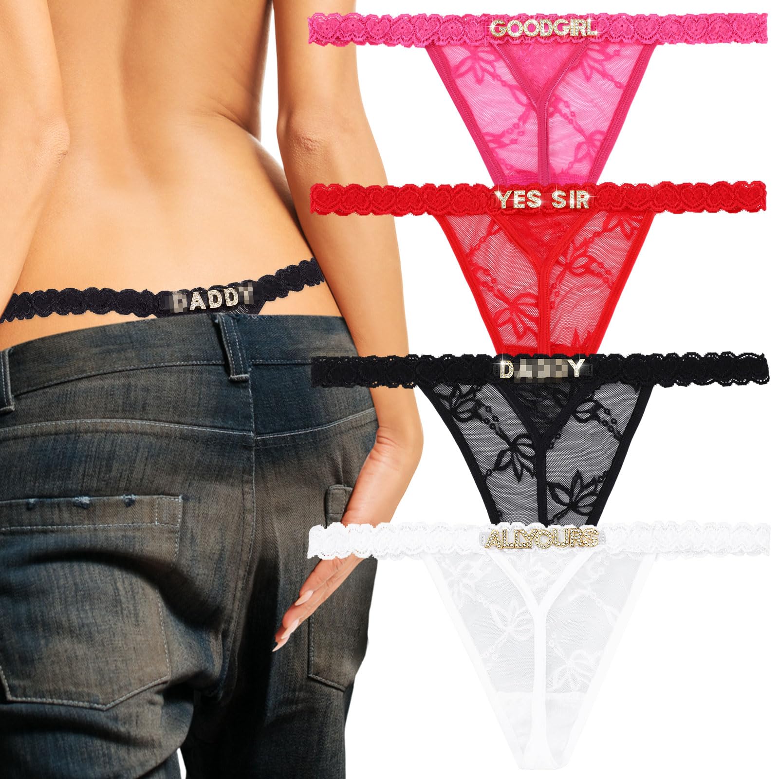 4 Pcs Custom Thongs Personalized Thong with Rhinestone Letters Sexy Lace Panties with Bag Wedding Gift for Couple