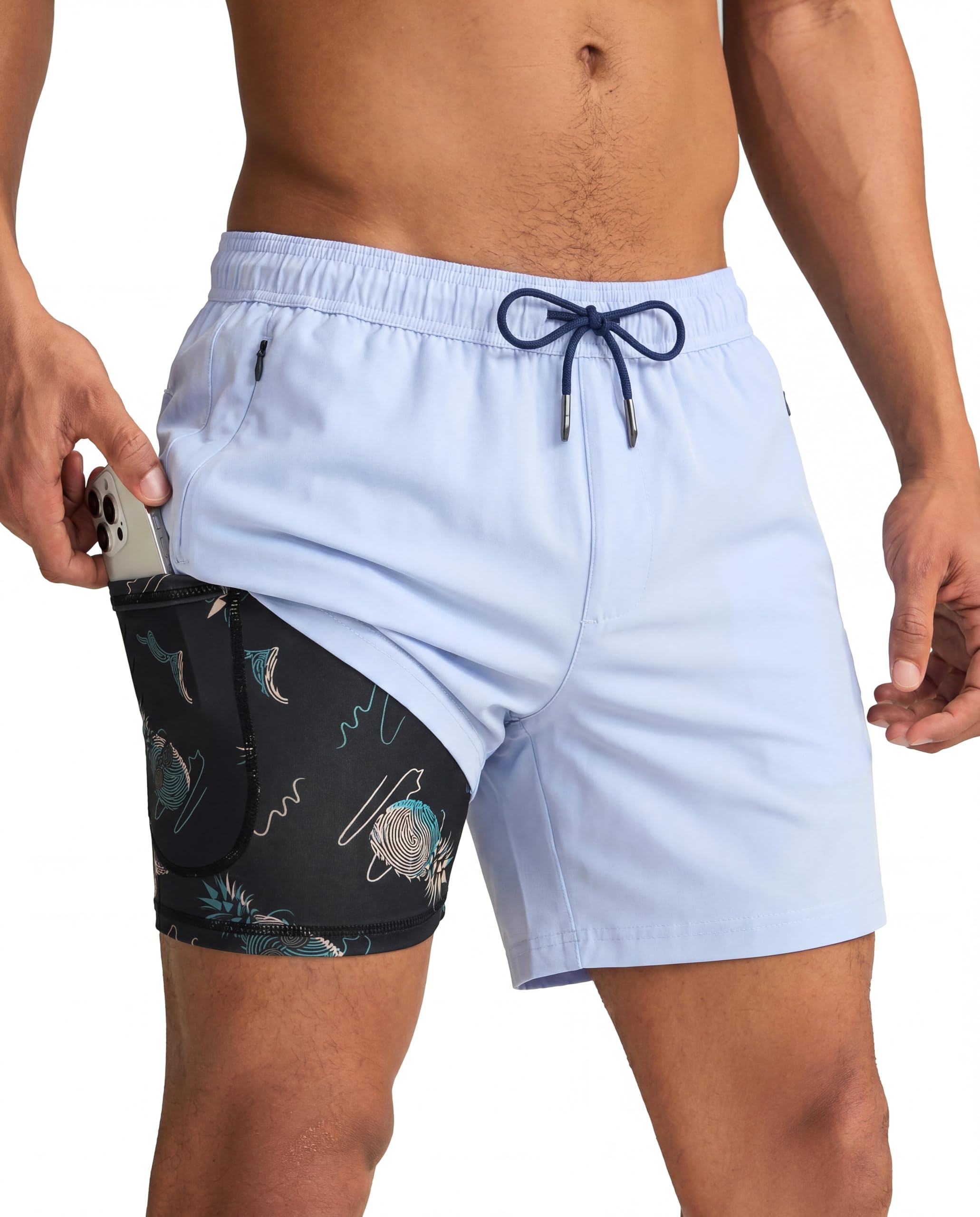 maamgic Mens Swim Trunks with Compression Liner 5 Inch, Quick Dry Bathing Suit with Zipper Pockets, No-Chafing Swim Shorts