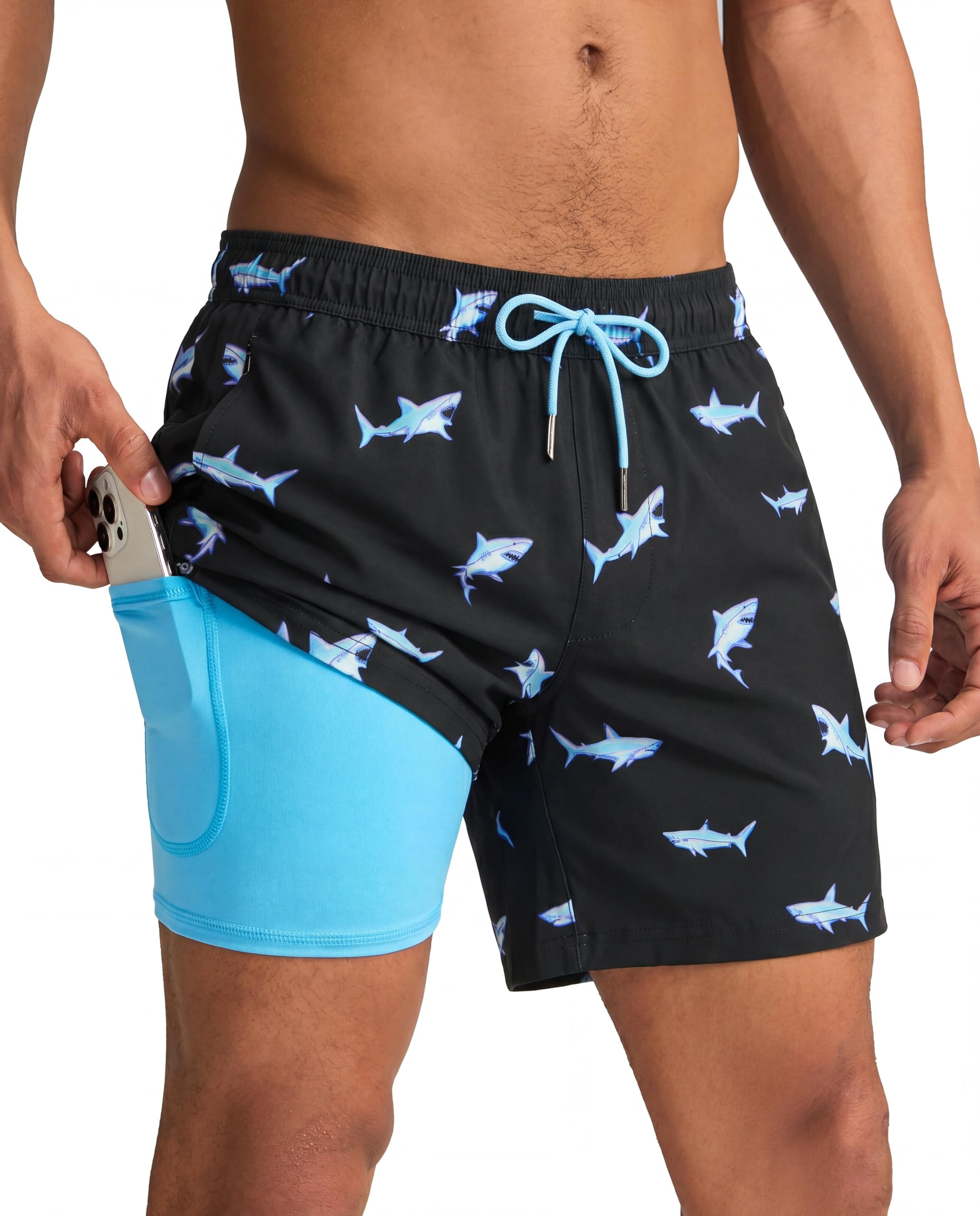 maamgic Mens Swim Trunks with Compression Liner 5 Inch, Quick Dry Bathing Suit with Zipper Pockets, No-Chafing Swim Shorts