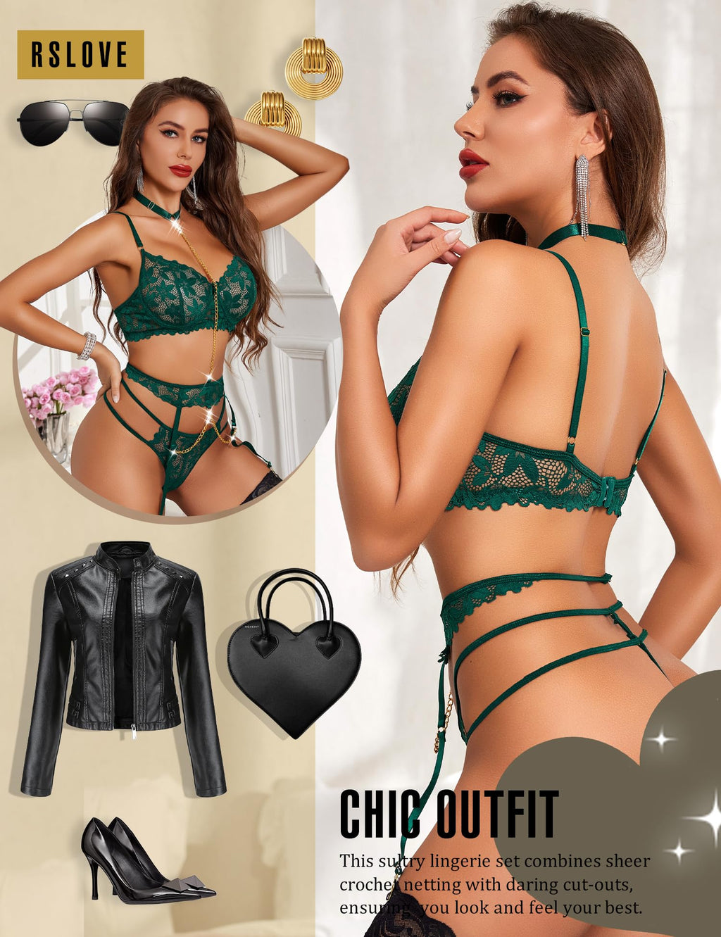RSLOVE Women's Lingerie Sets with Garter Belt 3 Piece Sexy Lace High Waist Bra and Panty Set Push Up Exotic Sleepwear