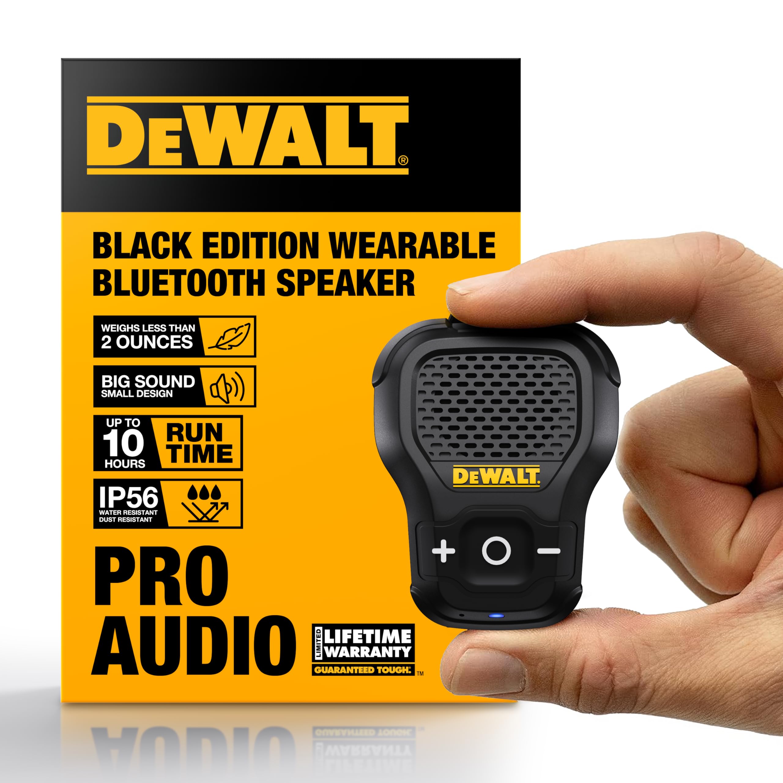 DEWALT Heavy Duty Wearable Bluetooth Speaker Pro Max (New Model) Jobsite Clip-On Mini Speaker w/LED Work Light, IP56 Water Resistant, 12H Runtime, Built-in Mic & Multi-Speaker Link