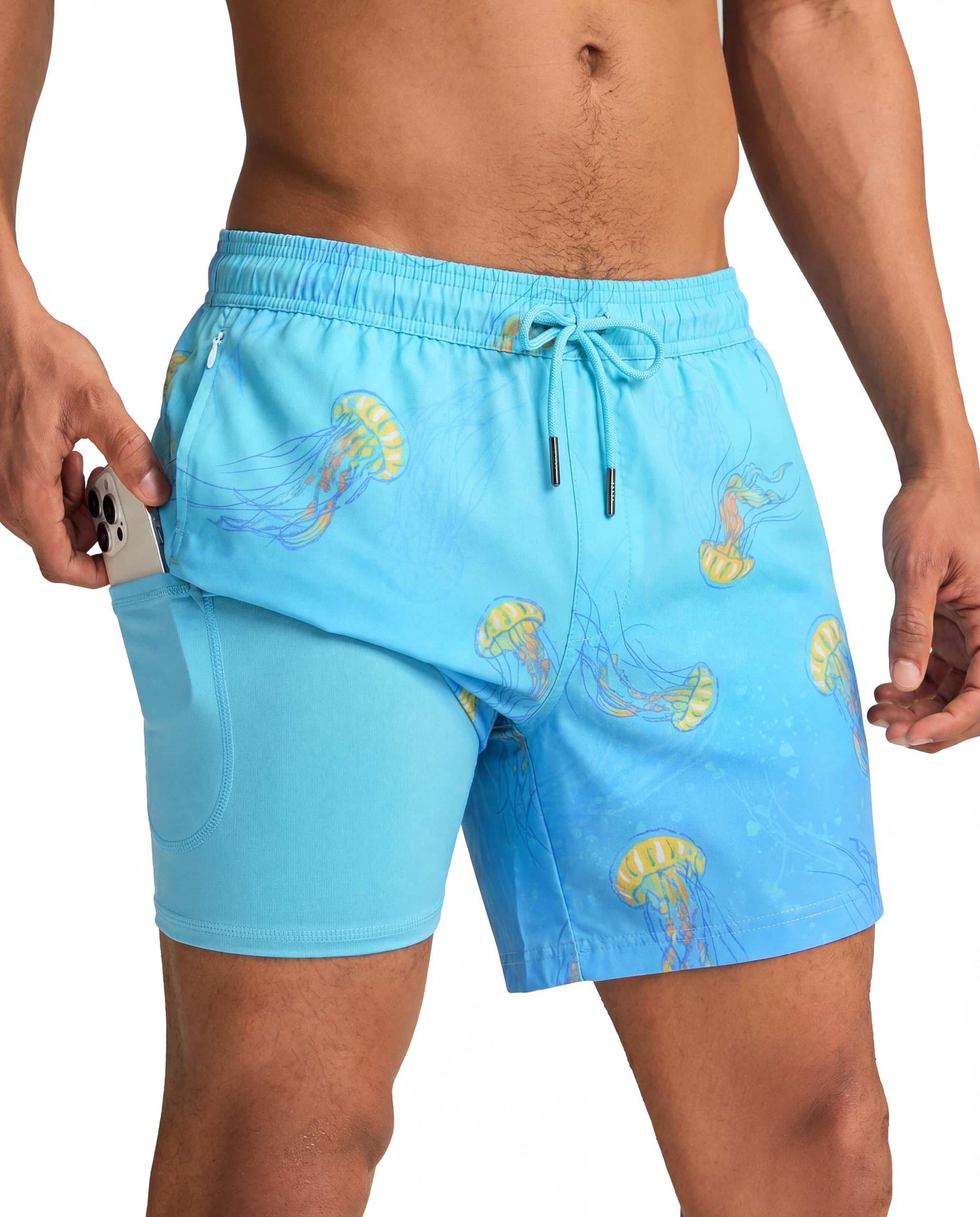 maamgic Mens Swim Trunks with Compression Liner 5 Inch, Quick Dry Bathing Suit with Zipper Pockets, No-Chafing Swim Shorts