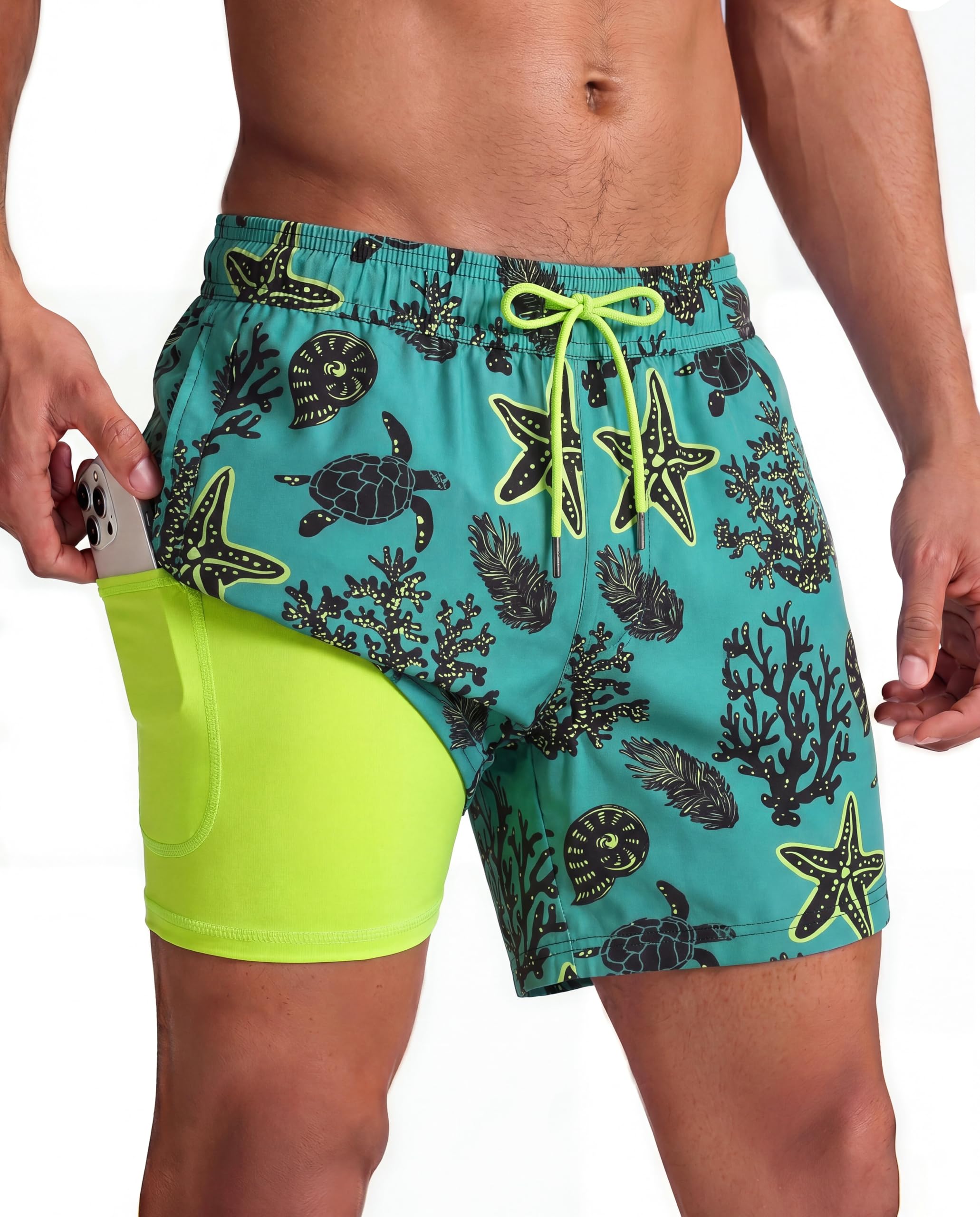 maamgic Mens Swim Trunks with Compression Liner 5 Inch, Quick Dry Bathing Suit with Zipper Pockets, No-Chafing Swim Shorts