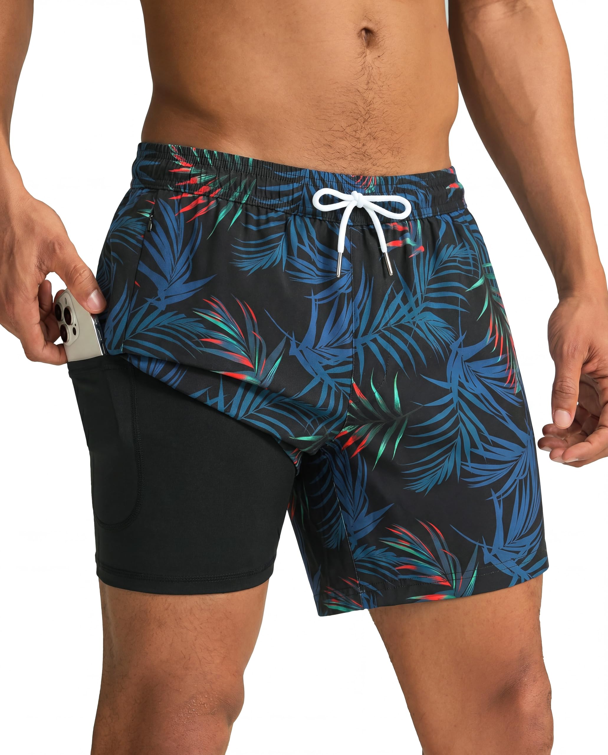 maamgic Mens Swim Trunks with Compression Liner 5 Inch, Quick Dry Bathing Suit with Zipper Pockets, No-Chafing Swim Shorts