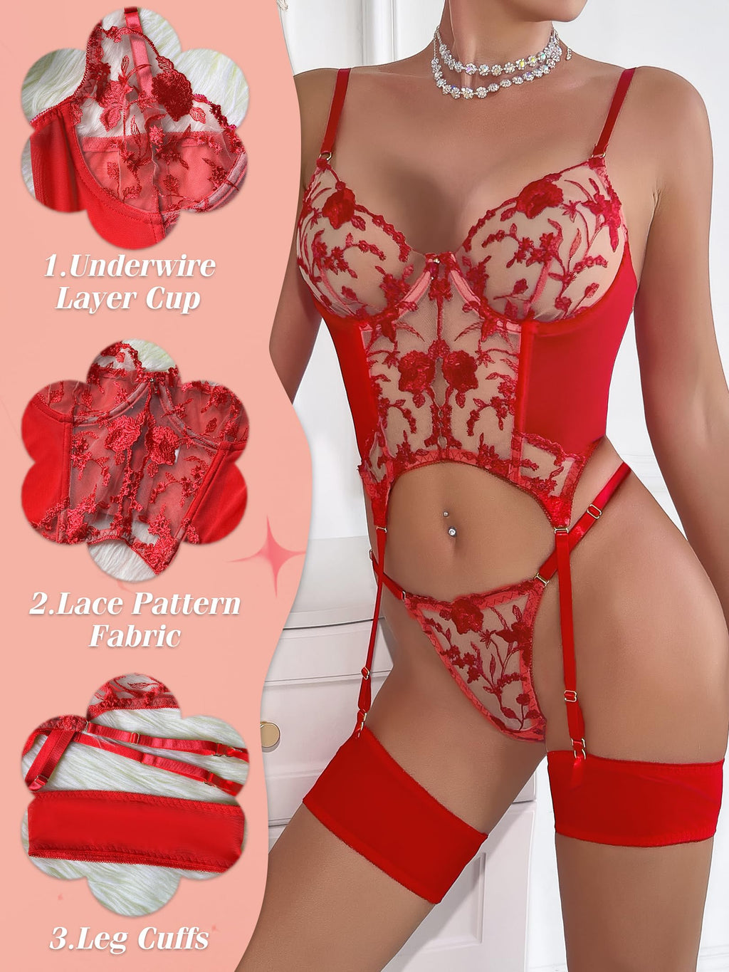 Sexy Embroidered Lace Garter Belt Lingerie 3 Piece Set | Exquisite embroidered lace, adjustable garter & straps, matching thong, honeymoon/boudoir/Valentine's/date night, hand wash.