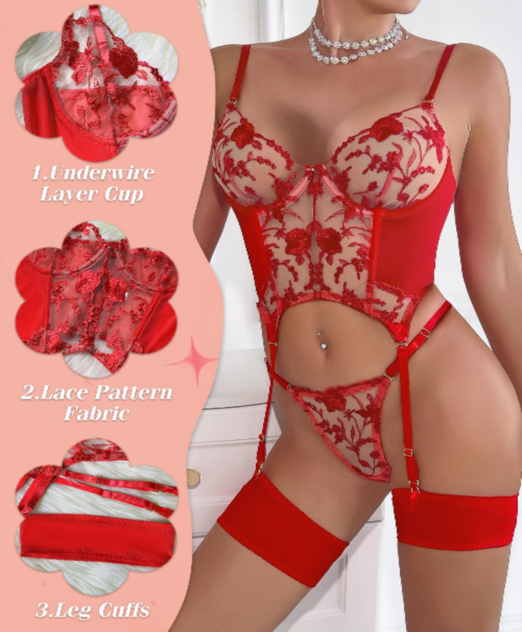Sexy Embroidered Lace Garter Belt Lingerie 3 Piece Set | Exquisite embroidered lace, adjustable garter & straps, matching thong, honeymoon/boudoir/Valentine's/date night, hand wash.