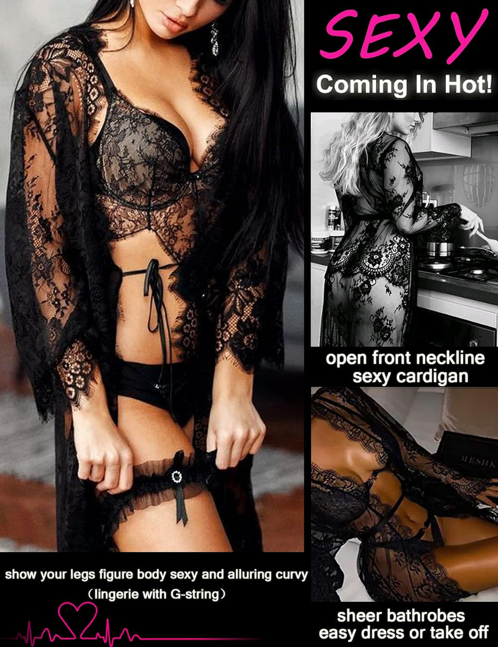 Avidlove Women's Lace Kimono Robe Babydoll Lingerie Mesh Nightgown S-5XL | Sexy Sheer Floral Lace Babydoll Lingerie Kimono Robe with Satin Waist Tie.Ideal for Honeymoon,Wedding Night & Boudoir Shoot