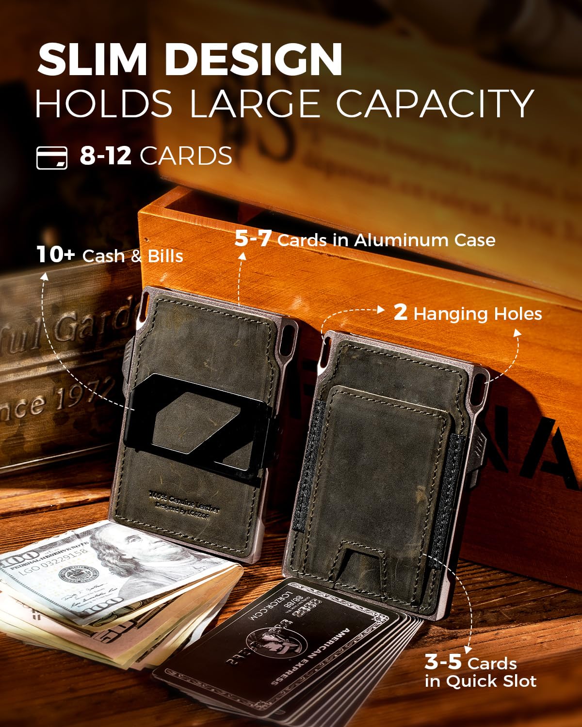 LORZOR Slim Tactical Wallet for Men- Minimalist Front Pocket Full Grain Leather Wallet for 10 Cards, RFID Blocking Aluminum Cardholder, Smart Pop Up Card Case, Money Clip, Gift Boxed(DistressBrown)
