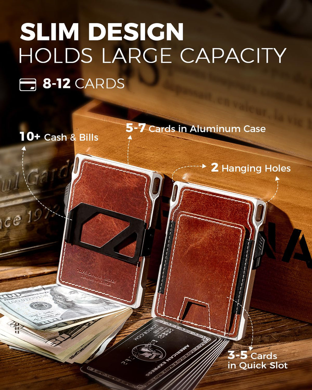 LORZOR Slim Tactical Wallet for Men- Minimalist Front Pocket Full Grain Leather Wallet for 10 Cards, RFID Blocking Aluminum Cardholder, Smart Pop Up Card Case, Money Clip, Gift Boxed(DistressBrown)