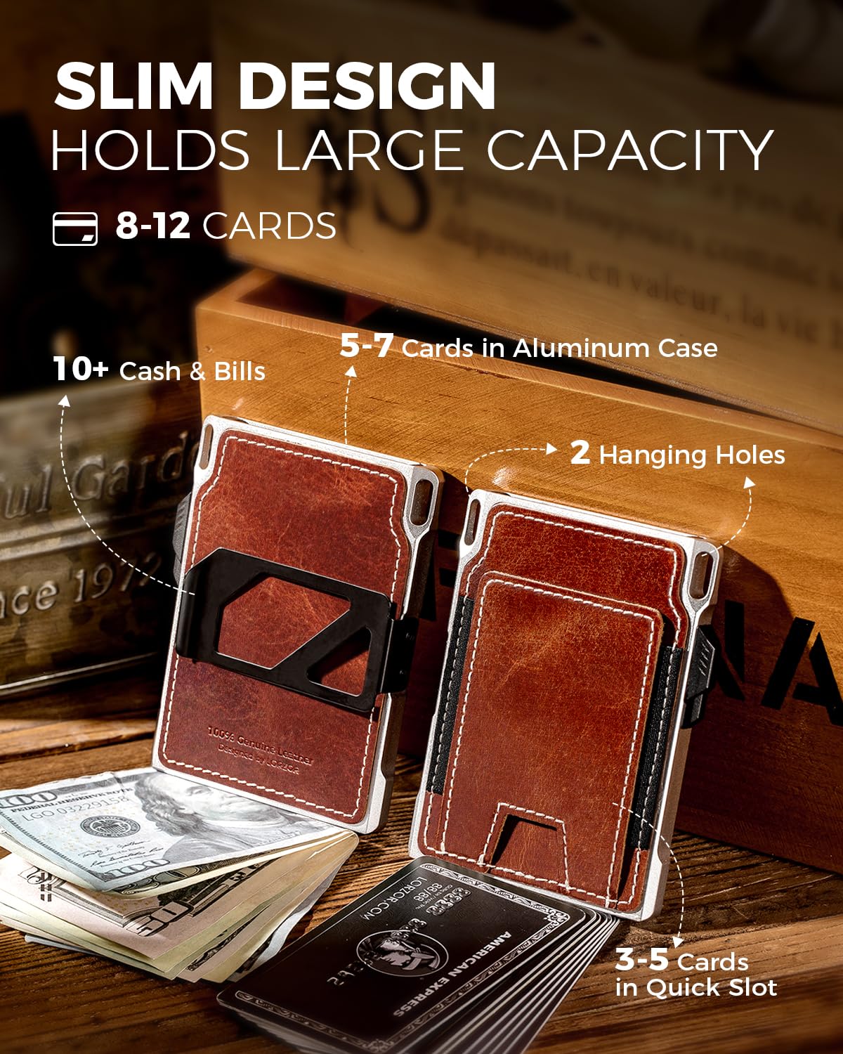 LORZOR Slim Tactical Wallet for Men- Minimalist Front Pocket Full Grain Leather Wallet for 10 Cards, RFID Blocking Aluminum Cardholder, Smart Pop Up Card Case, Money Clip, Gift Boxed(DistressBrown)