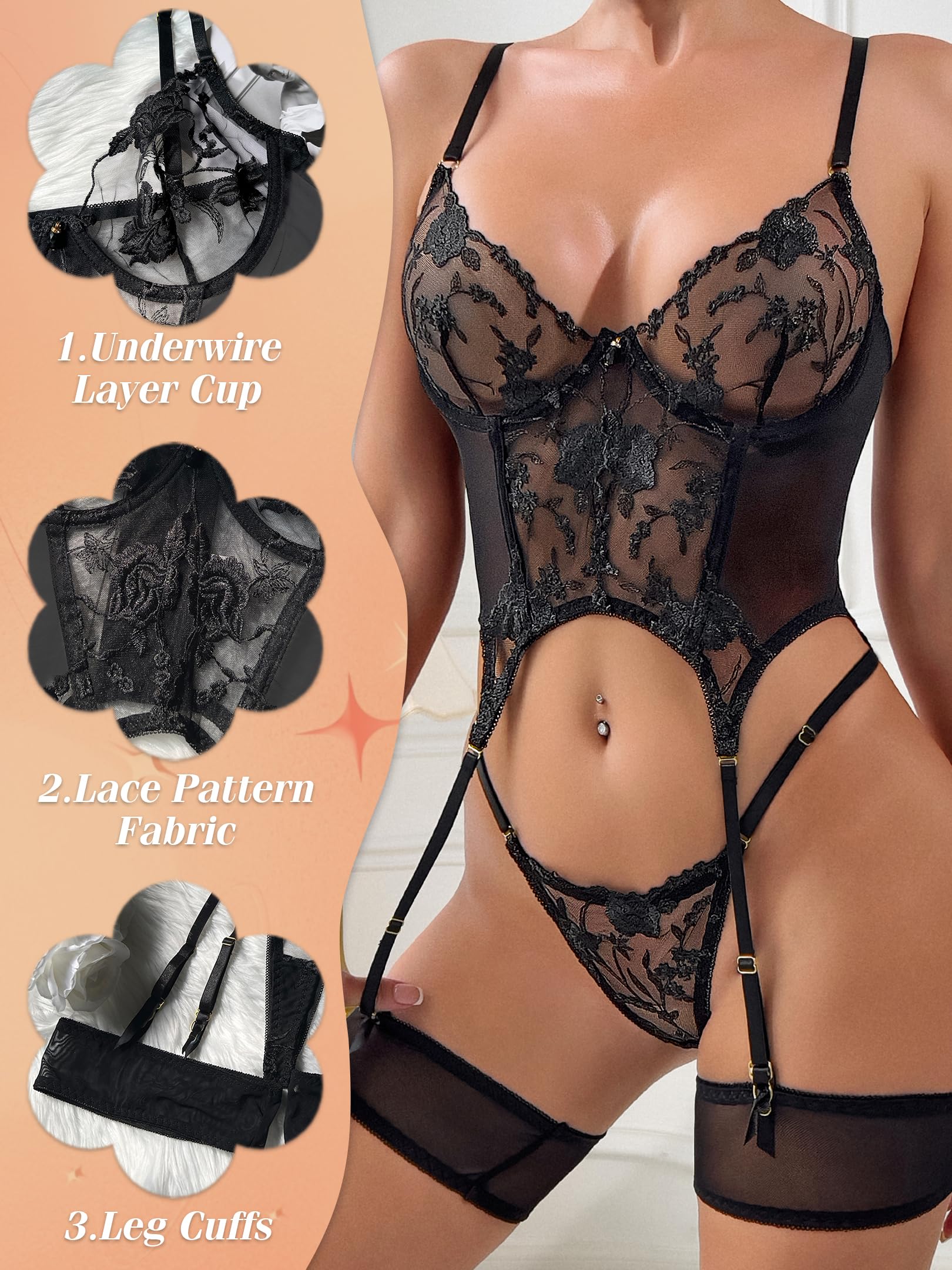 Sexy Embroidered Lace Garter Belt Lingerie 3 Piece Set | Exquisite embroidered lace, adjustable garter & straps, matching thong, honeymoon/boudoir/Valentine's/date night, hand wash.