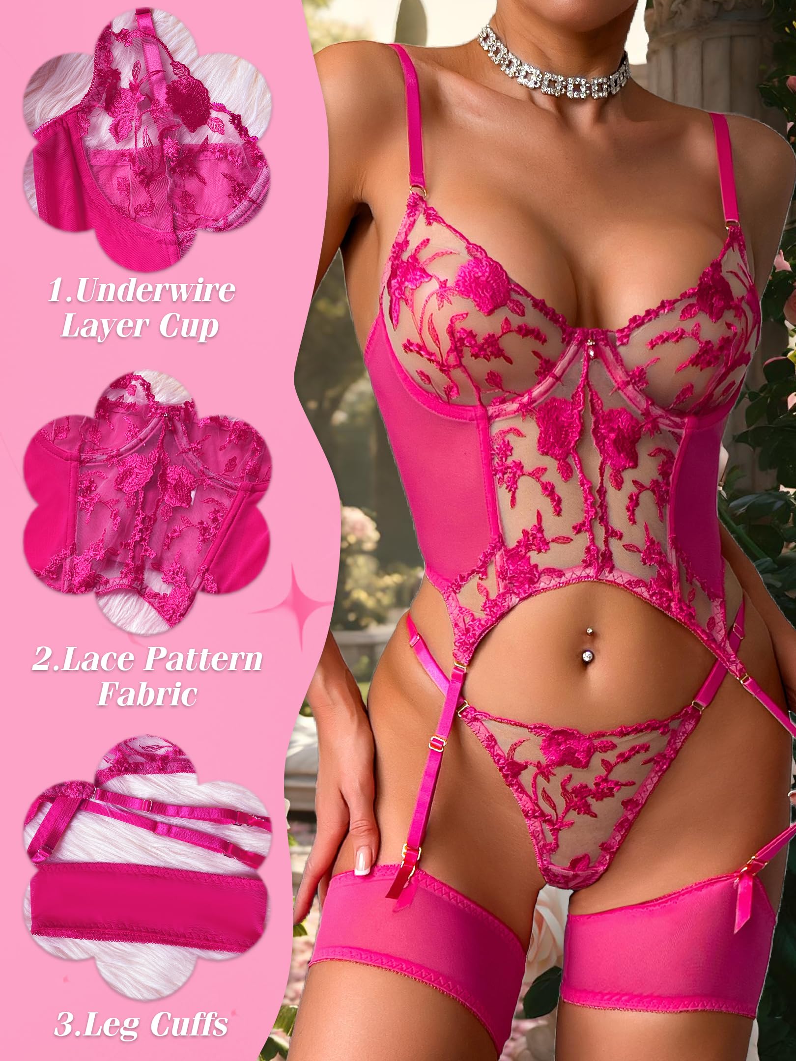 Sexy Embroidered Lace Garter Belt Lingerie 3 Piece Set | Exquisite embroidered lace, adjustable garter & straps, matching thong, honeymoon/boudoir/Valentine's/date night, hand wash.