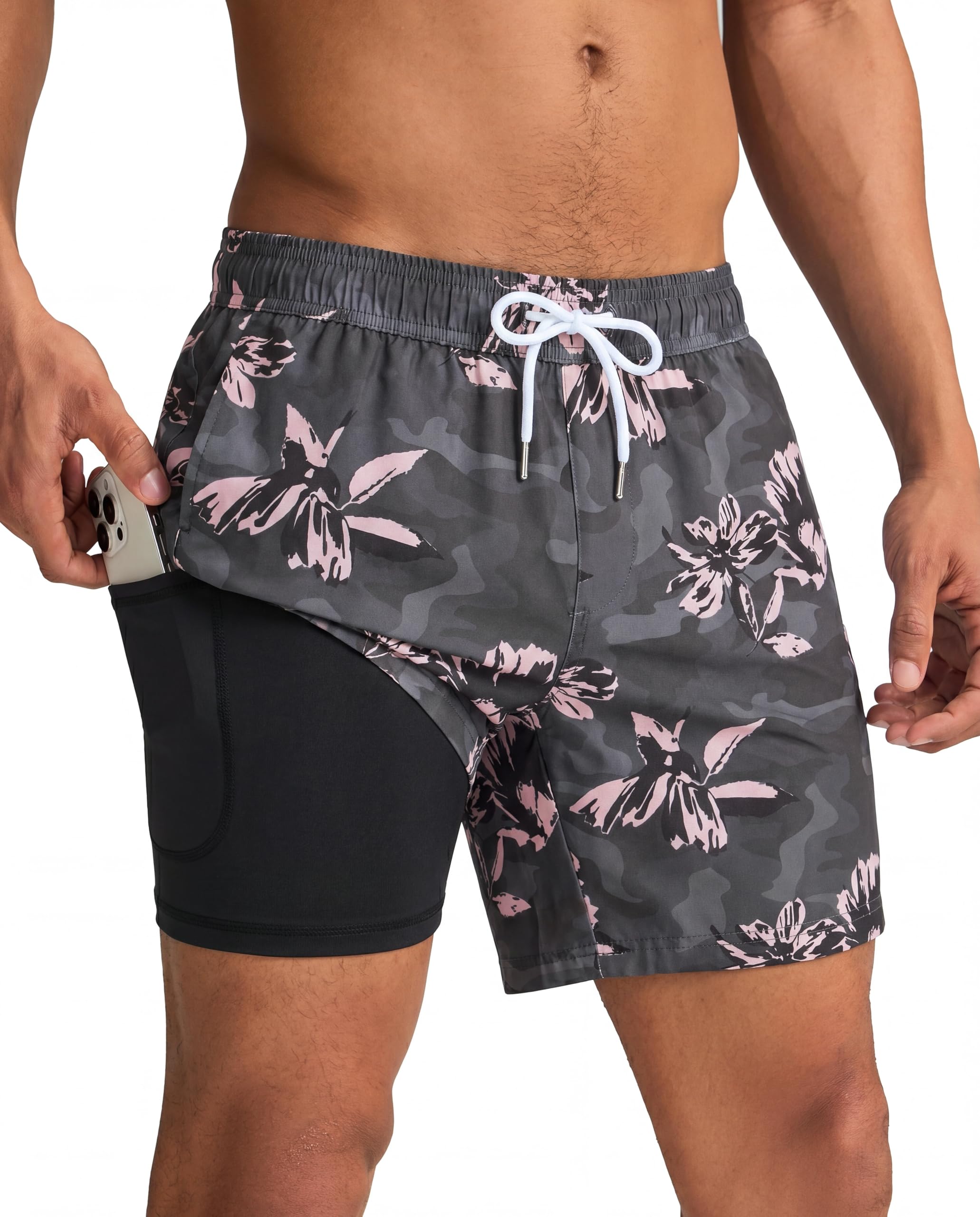 maamgic Mens Swim Trunks with Compression Liner 5 Inch, Quick Dry Bathing Suit with Zipper Pockets, No-Chafing Swim Shorts