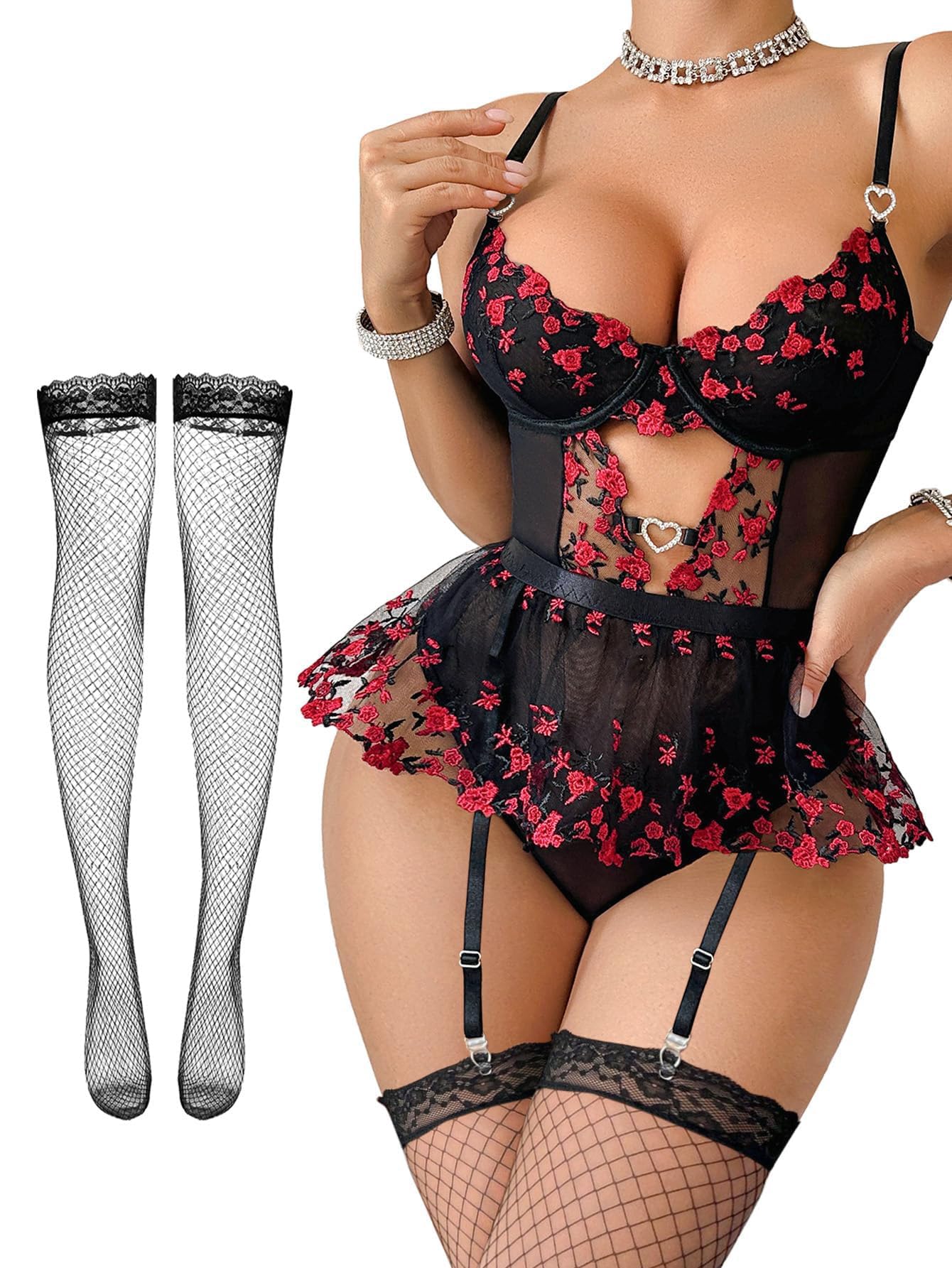 Lilosy Sexy Lingerie Set 3 Piece Women Corset Bodysuit Skirt | Rhinestone Heart Stocking Garter Plus Size Underwire Mesh Sheer Lace Push Up Babydoll Halloween Christmas Valentine's Bridal