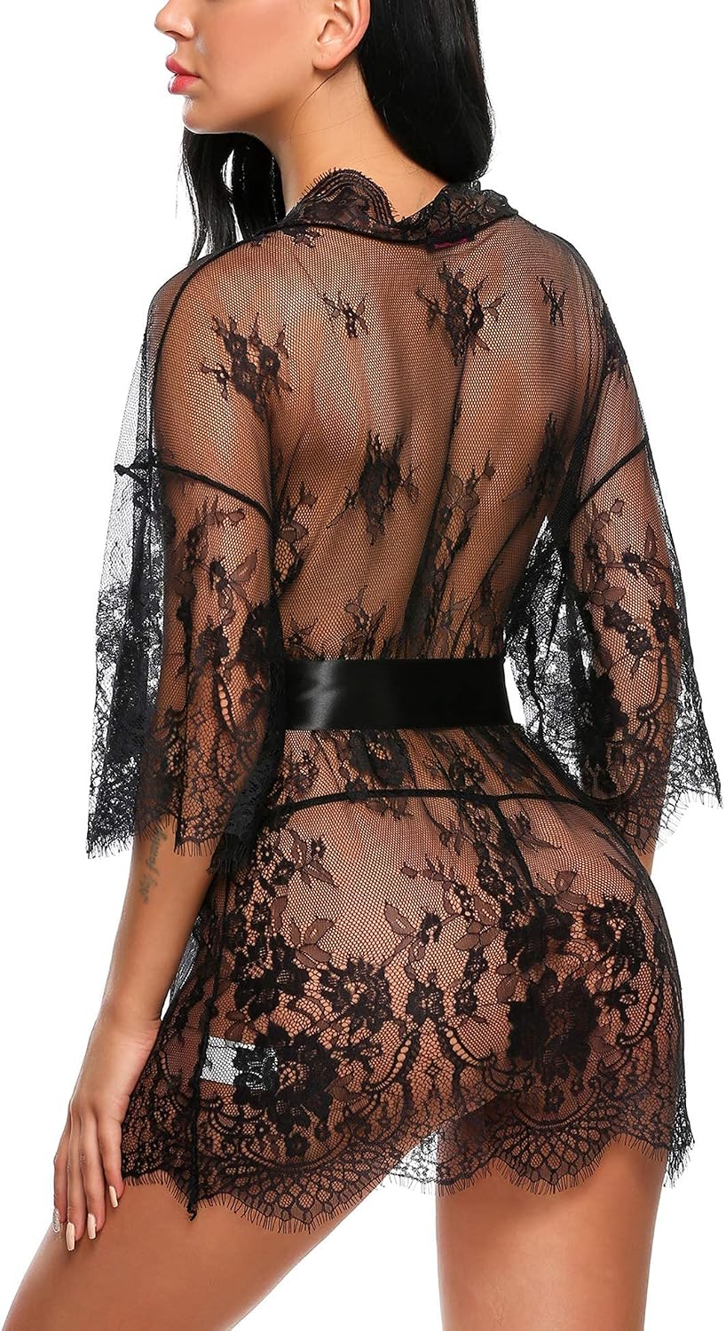 Avidlove Women's Lace Kimono Robe Babydoll Lingerie Mesh Nightgown S-5XL | Sexy Sheer Floral Lace Babydoll Lingerie Kimono Robe with Satin Waist Tie.Ideal for Honeymoon,Wedding Night & Boudoir Shoot