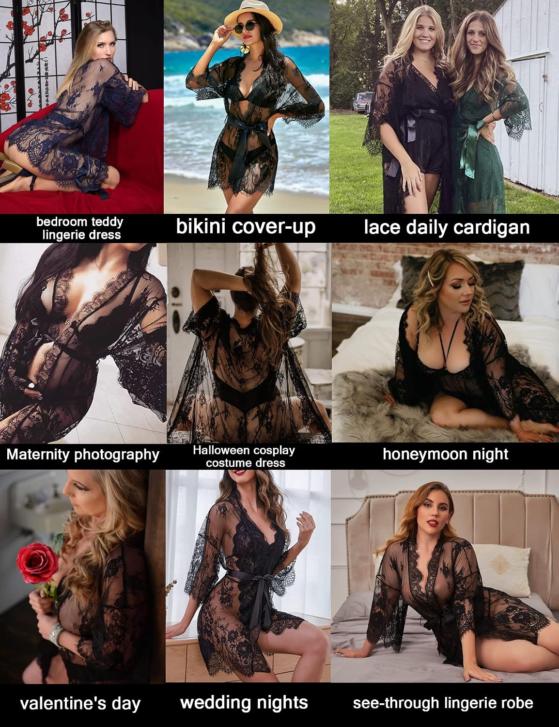 Avidlove Women's Lace Kimono Robe Babydoll Lingerie Mesh Nightgown S-5XL | Sexy Sheer Floral Lace Babydoll Lingerie Kimono Robe with Satin Waist Tie.Ideal for Honeymoon,Wedding Night & Boudoir Shoot