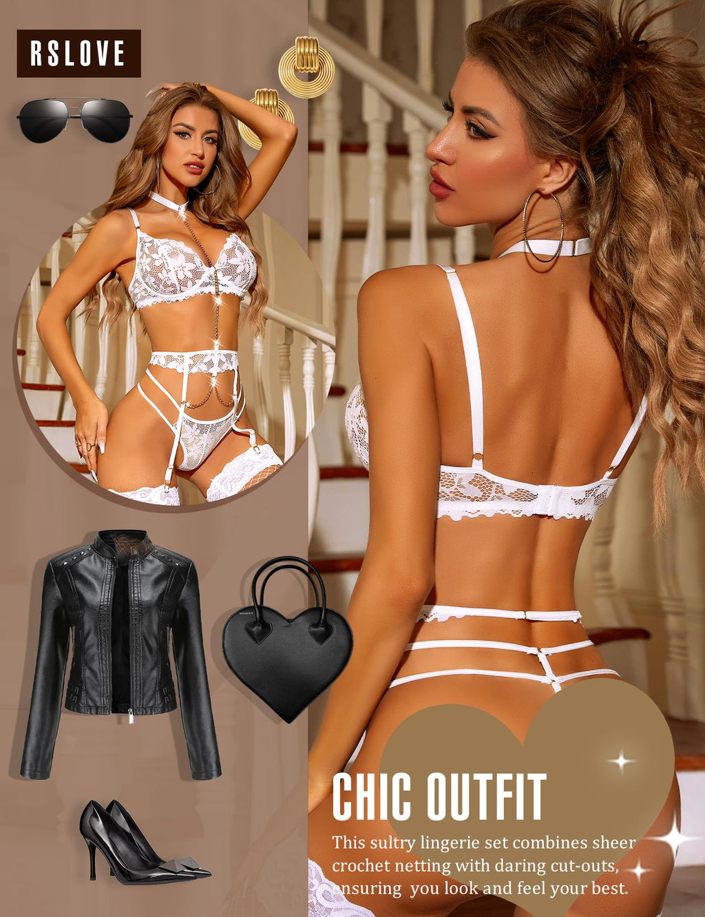 RSLOVE Women's Lingerie Sets with Garter Belt 3 Piece Sexy Lace High Waist Bra and Panty Set Push Up Exotic Sleepwear