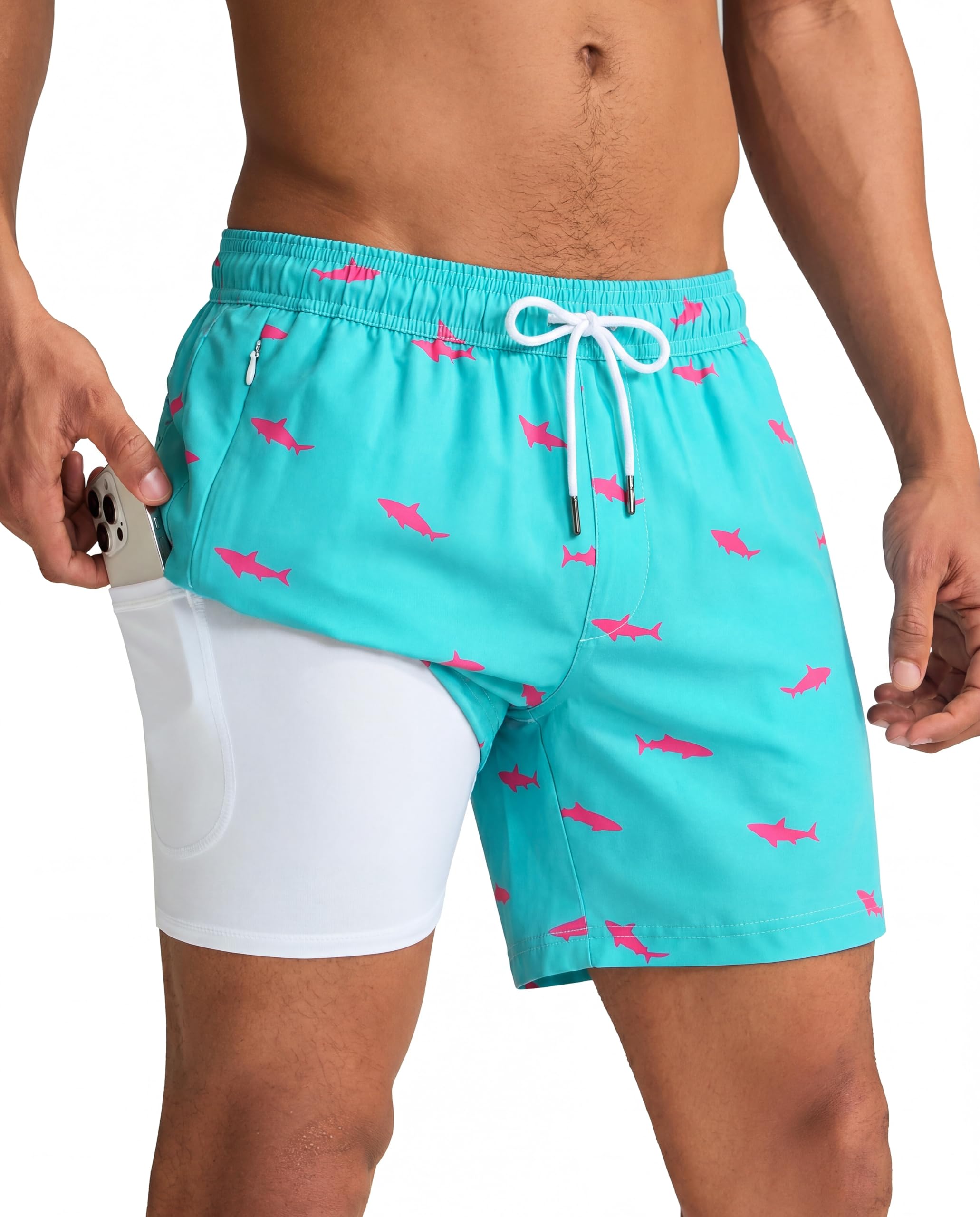 maamgic Mens Swim Trunks with Compression Liner 5 Inch, Quick Dry Bathing Suit with Zipper Pockets, No-Chafing Swim Shorts