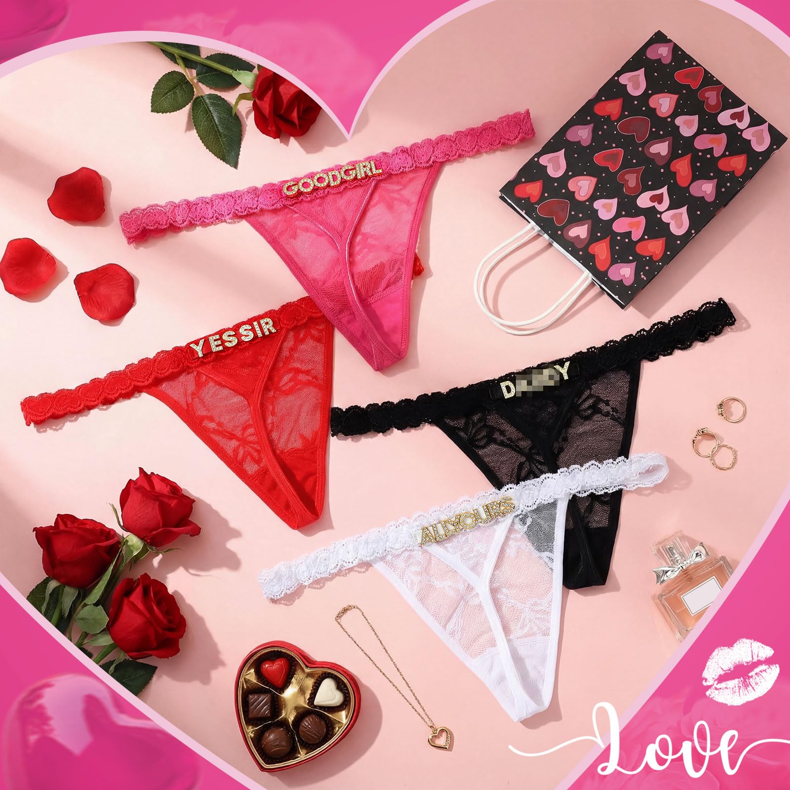 4 Pcs Custom Thongs Personalized Thong with Rhinestone Letters Sexy Lace Panties with Bag Wedding Gift for Couple