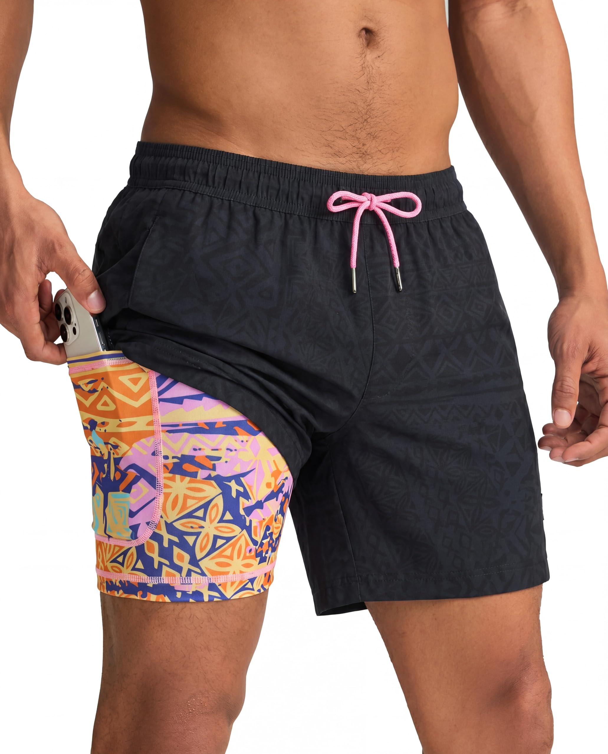 maamgic Mens Swim Trunks with Compression Liner 5 Inch, Quick Dry Bathing Suit with Zipper Pockets, No-Chafing Swim Shorts