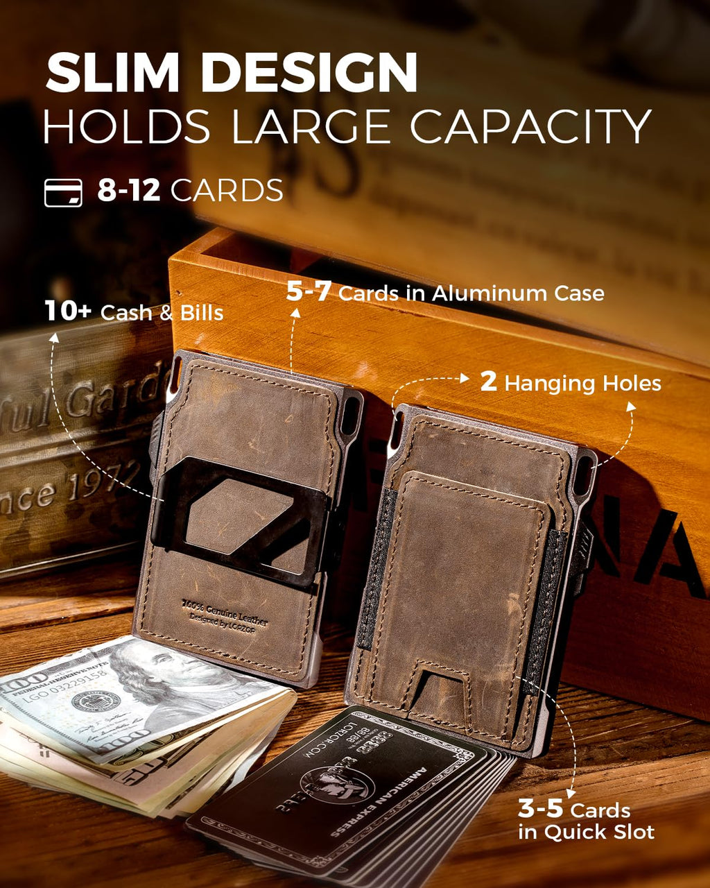 LORZOR Slim Tactical Wallet for Men- Minimalist Front Pocket Full Grain Leather Wallet for 10 Cards, RFID Blocking Aluminum Cardholder, Smart Pop Up Card Case, Money Clip, Gift Boxed(DistressBrown)